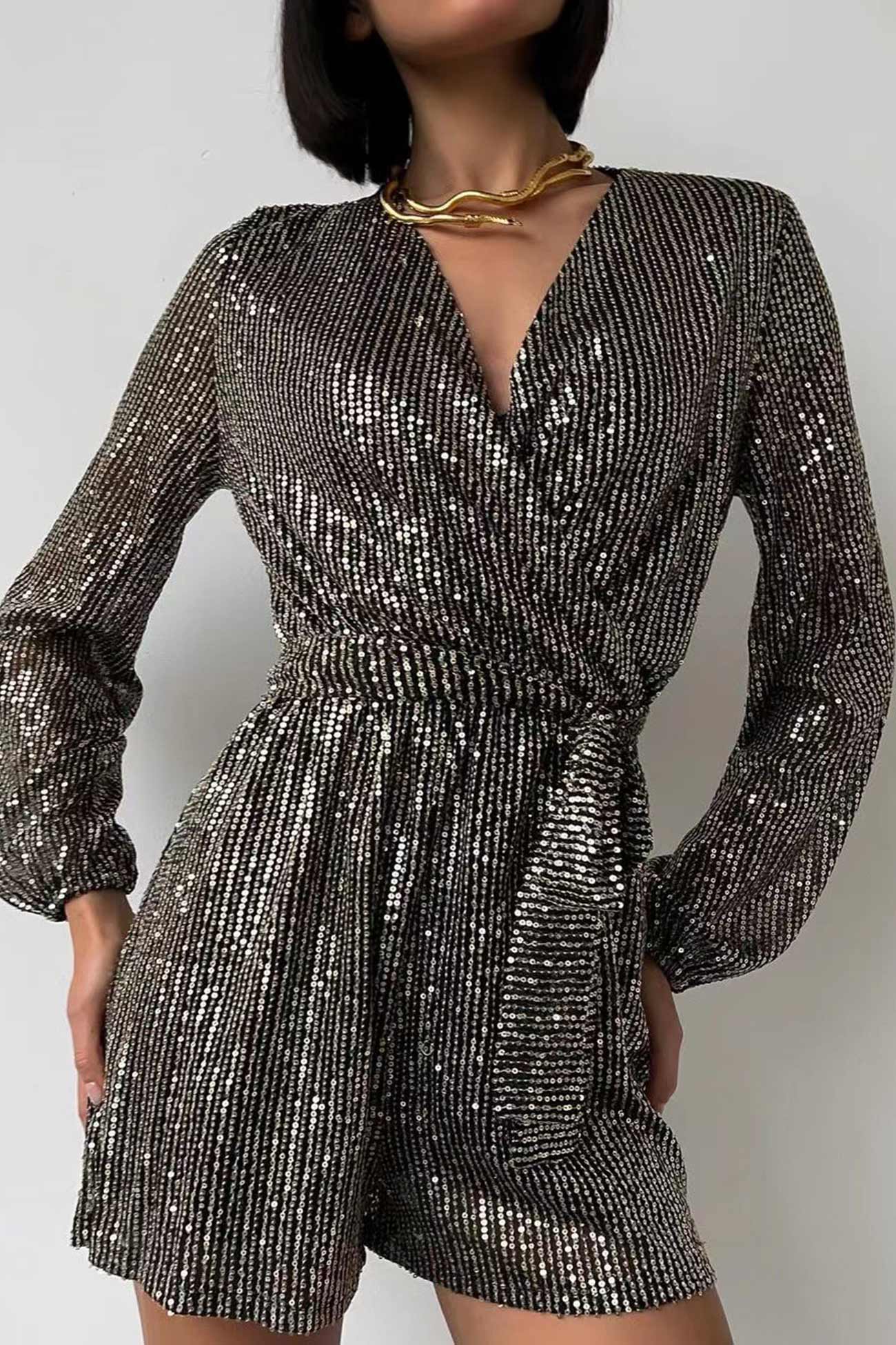 Combinaison à paillettes scintillantes avec ceinture à la taille pour femme