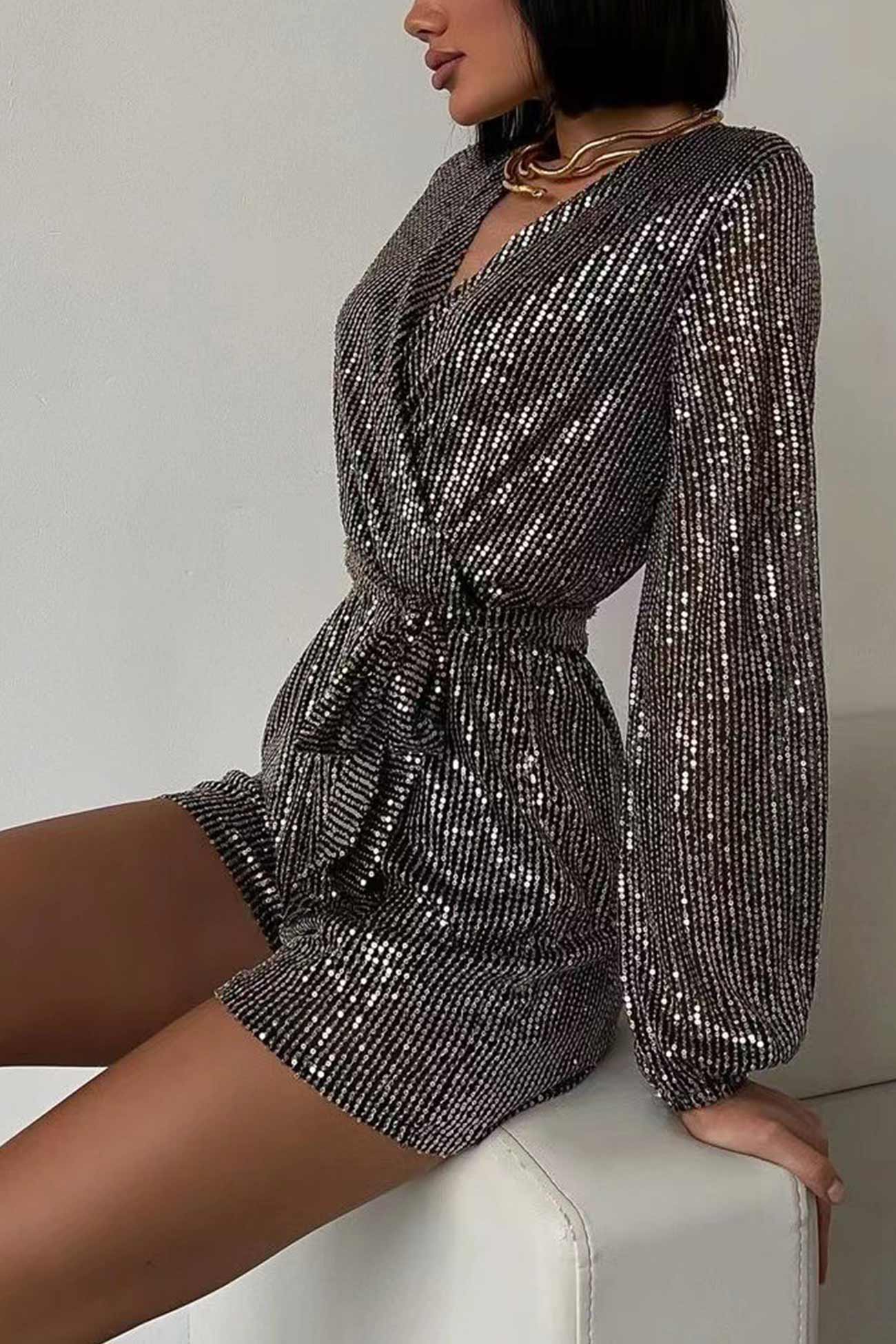 Combinaison à paillettes scintillantes avec ceinture à la taille pour femme
