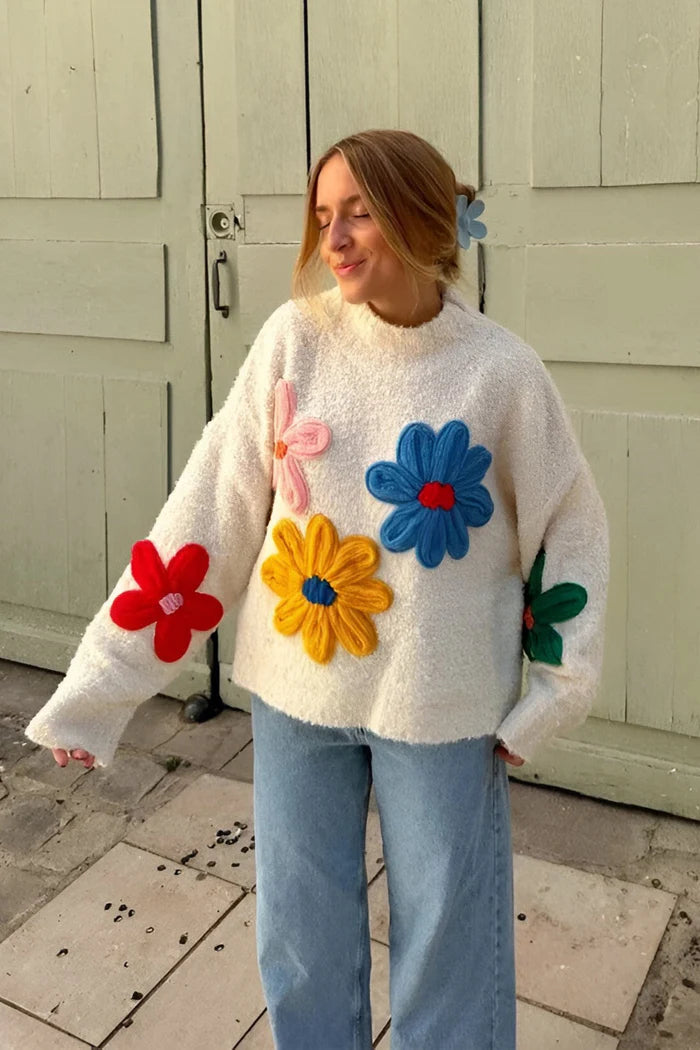 Pull douillet en tricot à patchs de fleurs colorées pour femmes