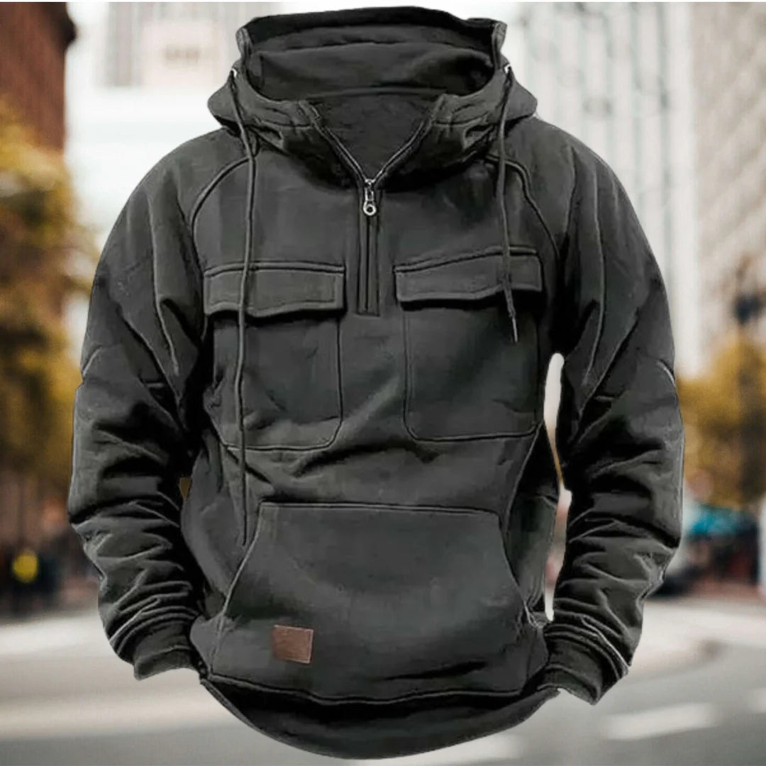 Pull à capuche tactique semi-zippé pour hommes avec poches utilitaires