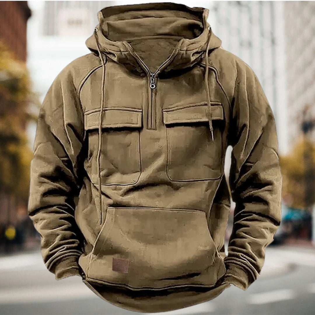 Pull à capuche tactique semi-zippé pour hommes avec poches utilitaires