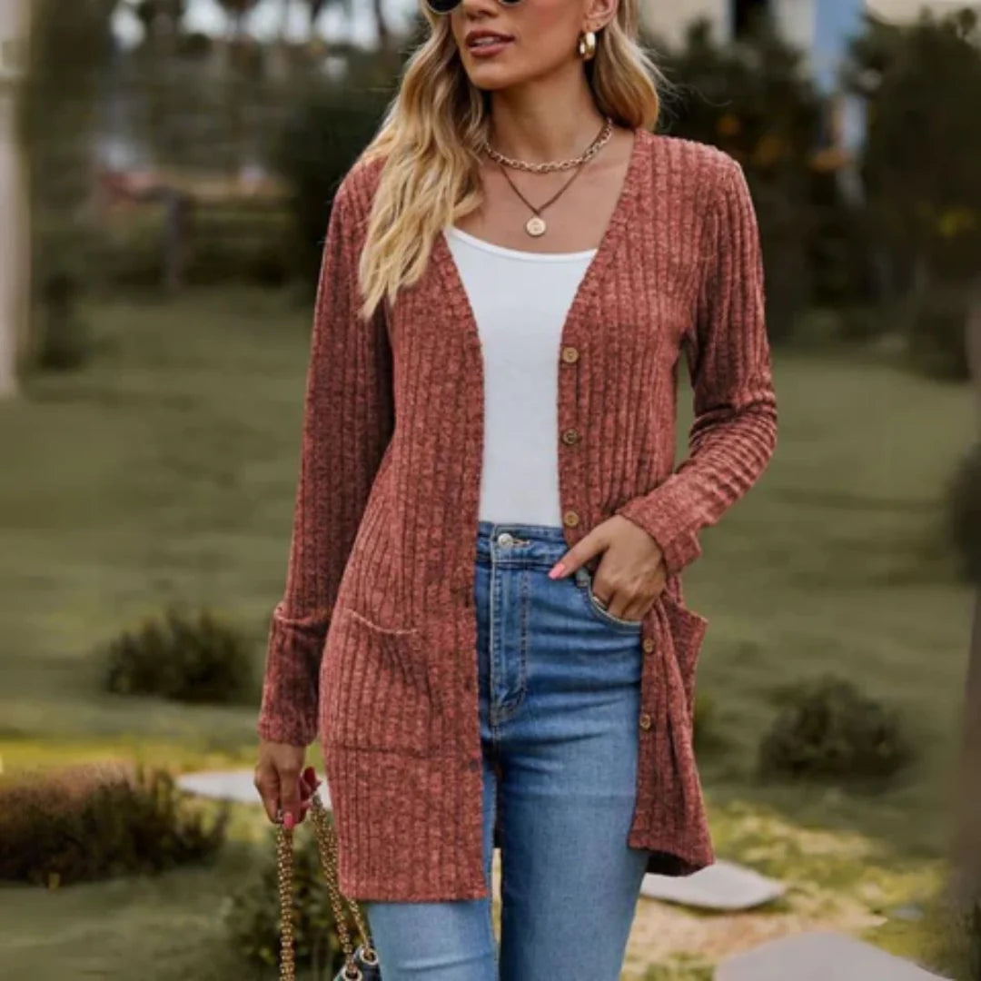 Cardigan long côtelé à col en V avec poches pour femmes