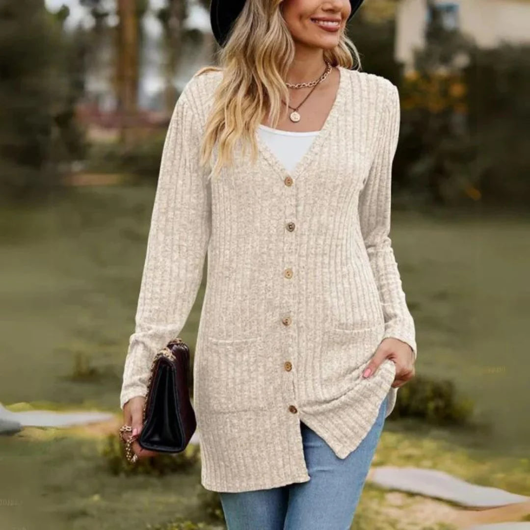 Cardigan long côtelé à col en V avec poches pour femmes