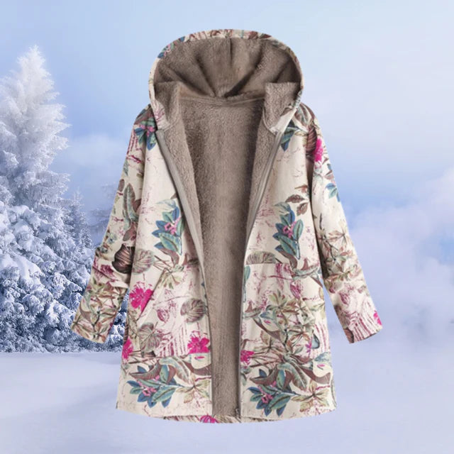 Manteau de bohème à capuche doublé de polaire et imprimé pour femmes