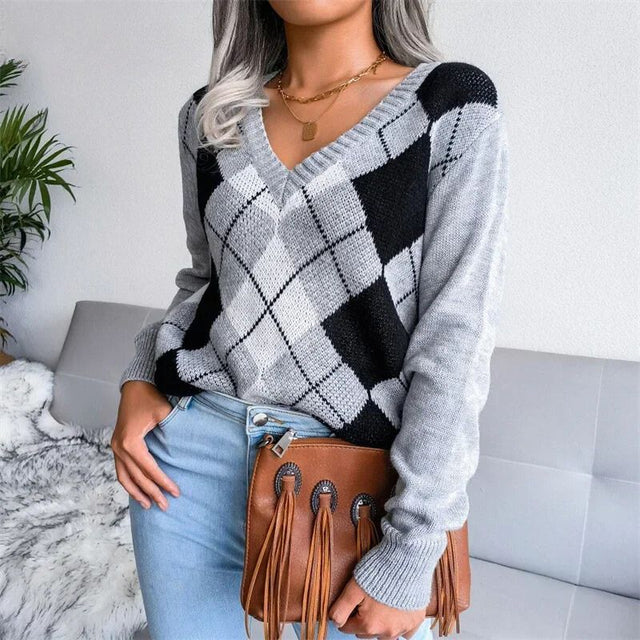 Pull douillet en tricot à col en V pour femmes