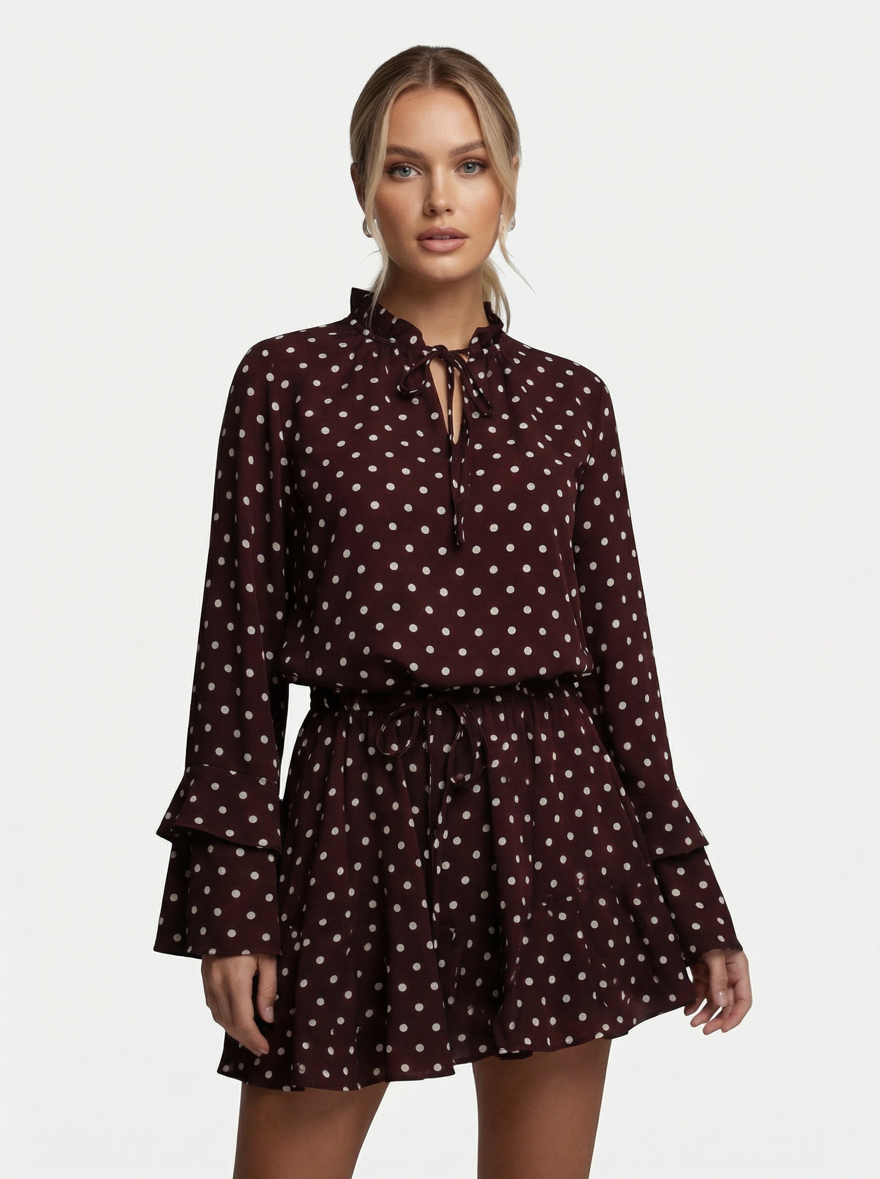 Robe à pois col montant avec lien et manches longues pour femme