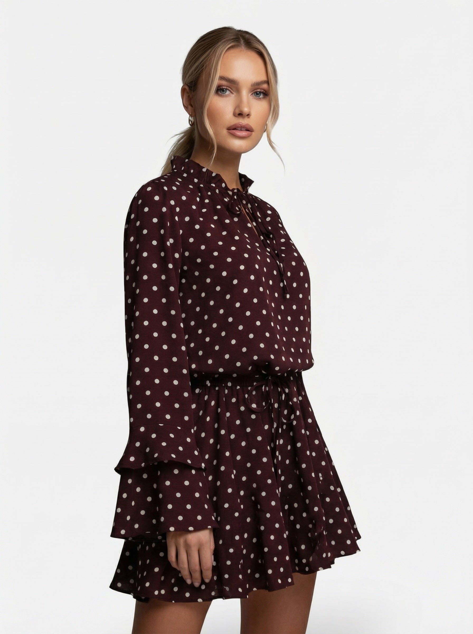 Polka dot high-neck dress with tie and long sleeves for women