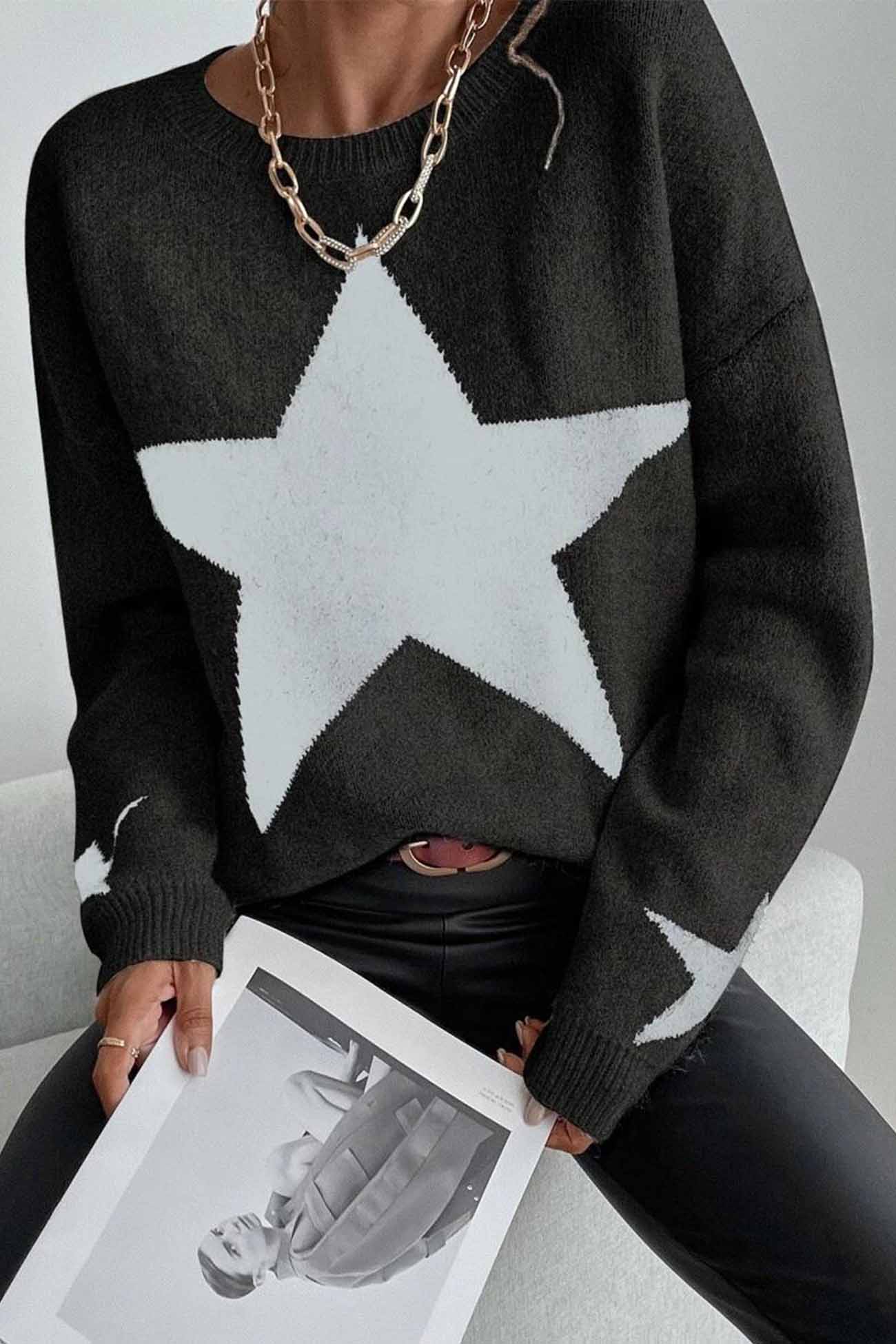 Pull en tricot surdimensionné imprimé étoiles pour femmes