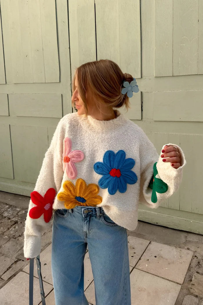 Pull douillet en tricot à patchs de fleurs colorées pour femmes