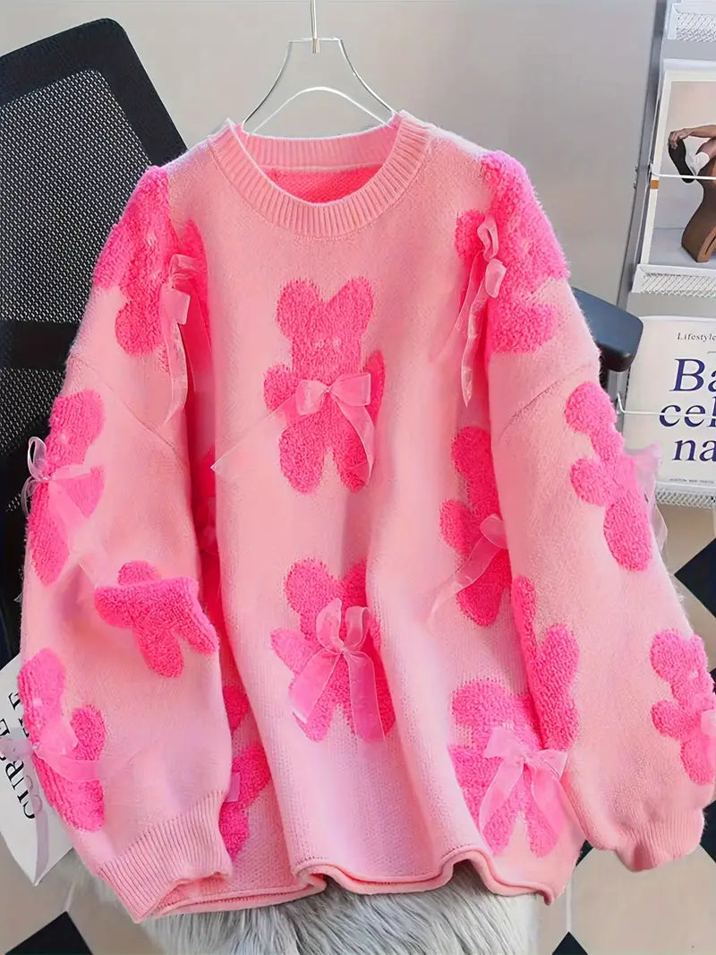 Pull nounours surdimensionné avec nœuds pour femmes