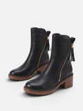 Women's Leather Side Zip Tassel Detail Block Heel Ankle Boots