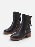 Women's Leather Side Zip Tassel Detail Block Heel Ankle Boots