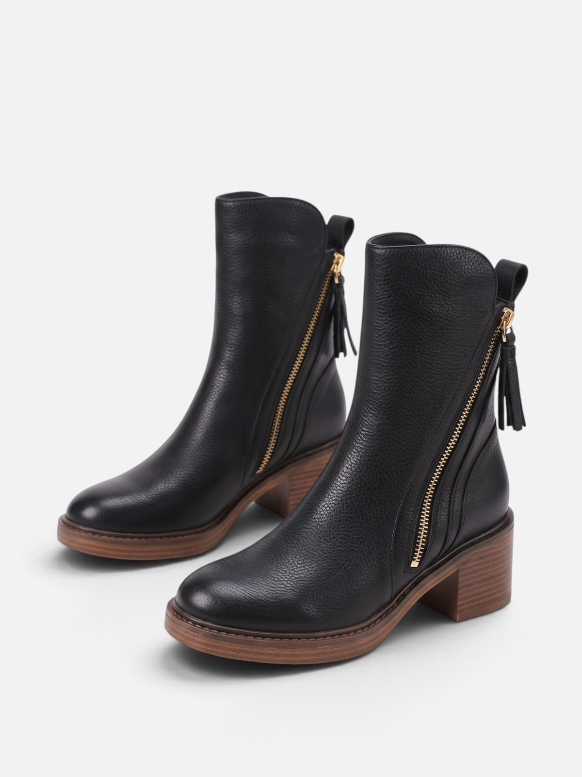 Women's Leather Side Zip Tassel Detail Block Heel Ankle Boots