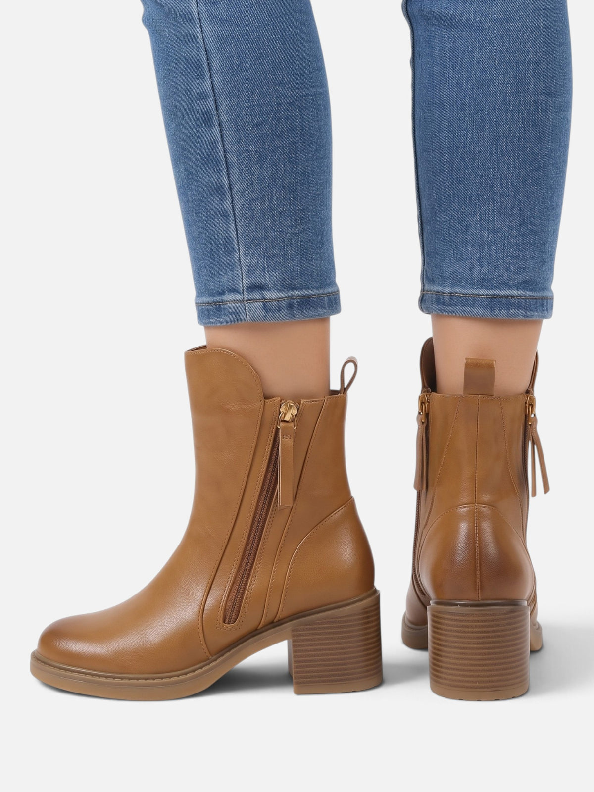 Women's Leather Side Zip Tassel Detail Block Heel Ankle Boots
