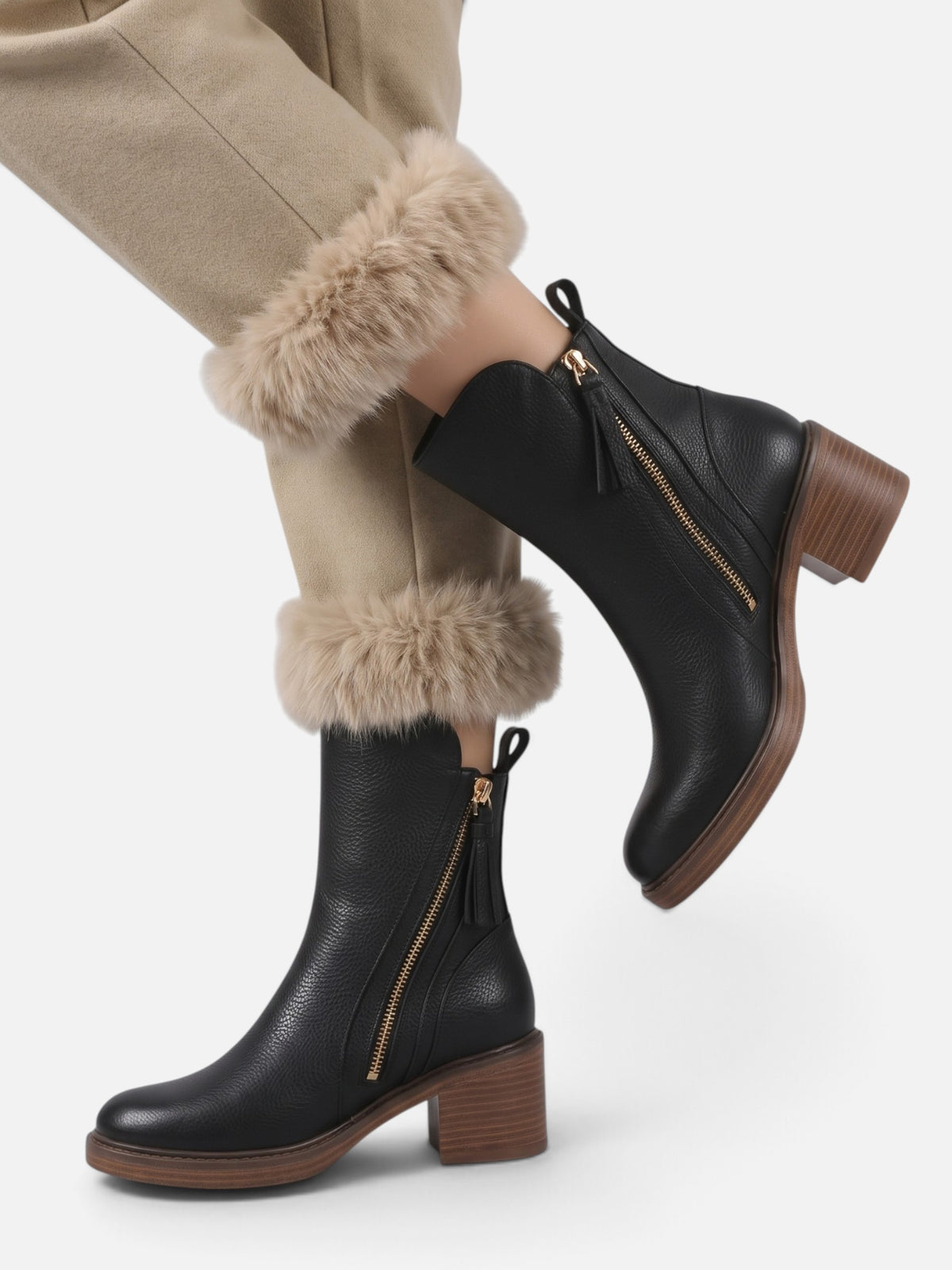 Women's Leather Side Zip Tassel Detail Block Heel Ankle Boots