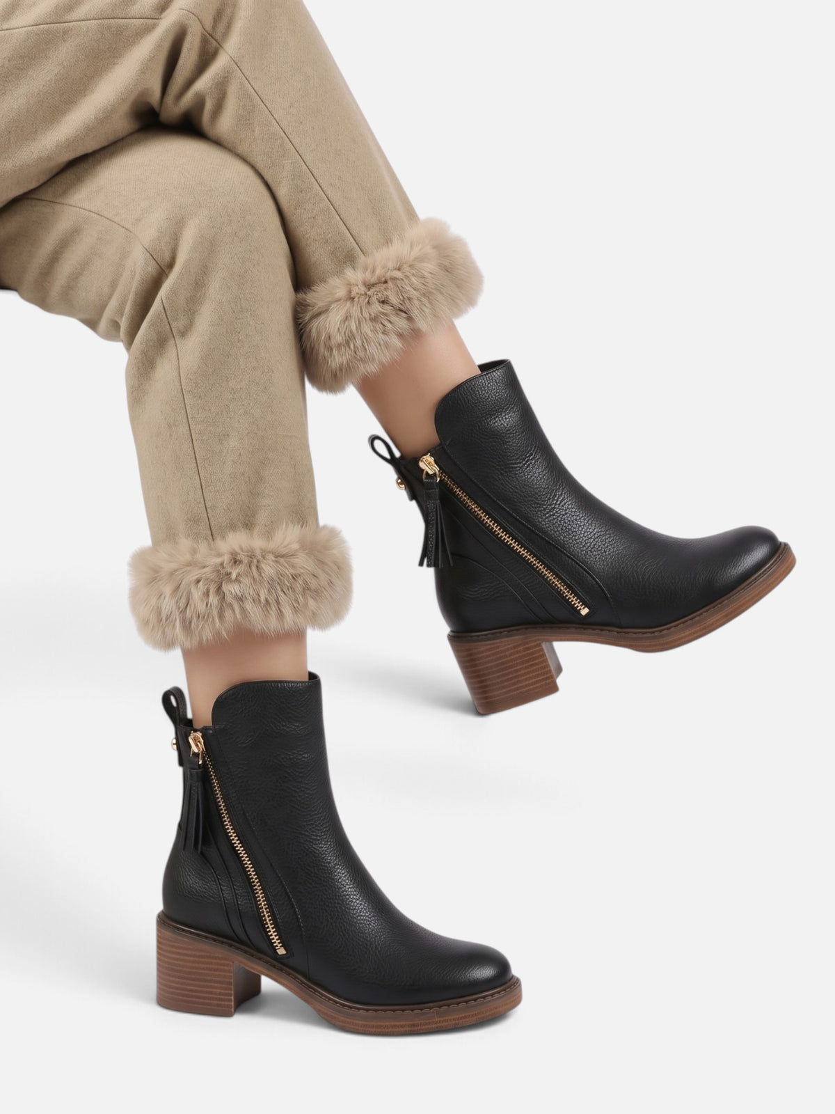 Women's Leather Side Zip Tassel Detail Block Heel Ankle Boots