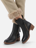 Women's Leather Side Zip Tassel Detail Block Heel Ankle Boots