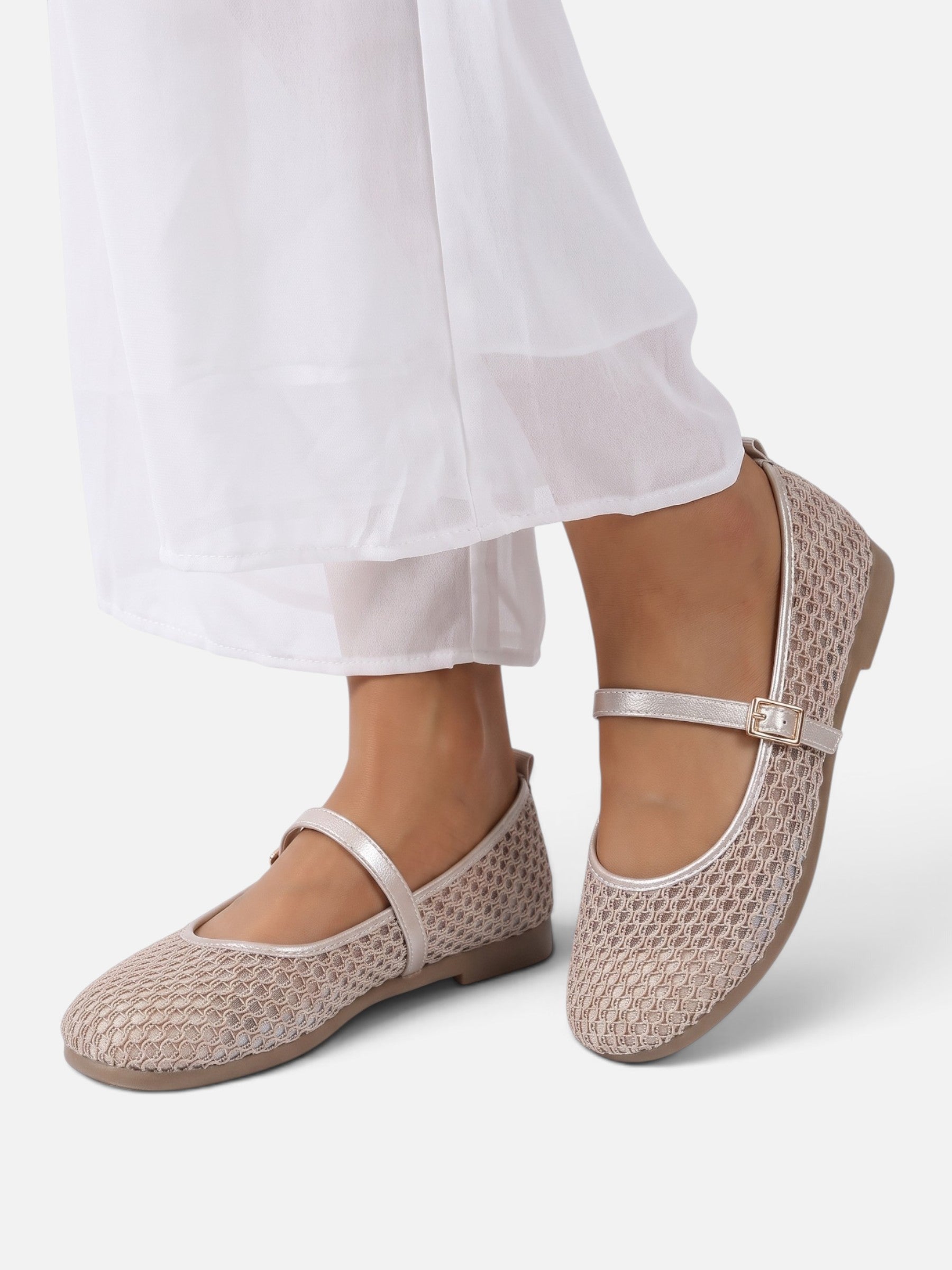 Women's Crochet Buckle Strap Mary Jane Ballet Flats