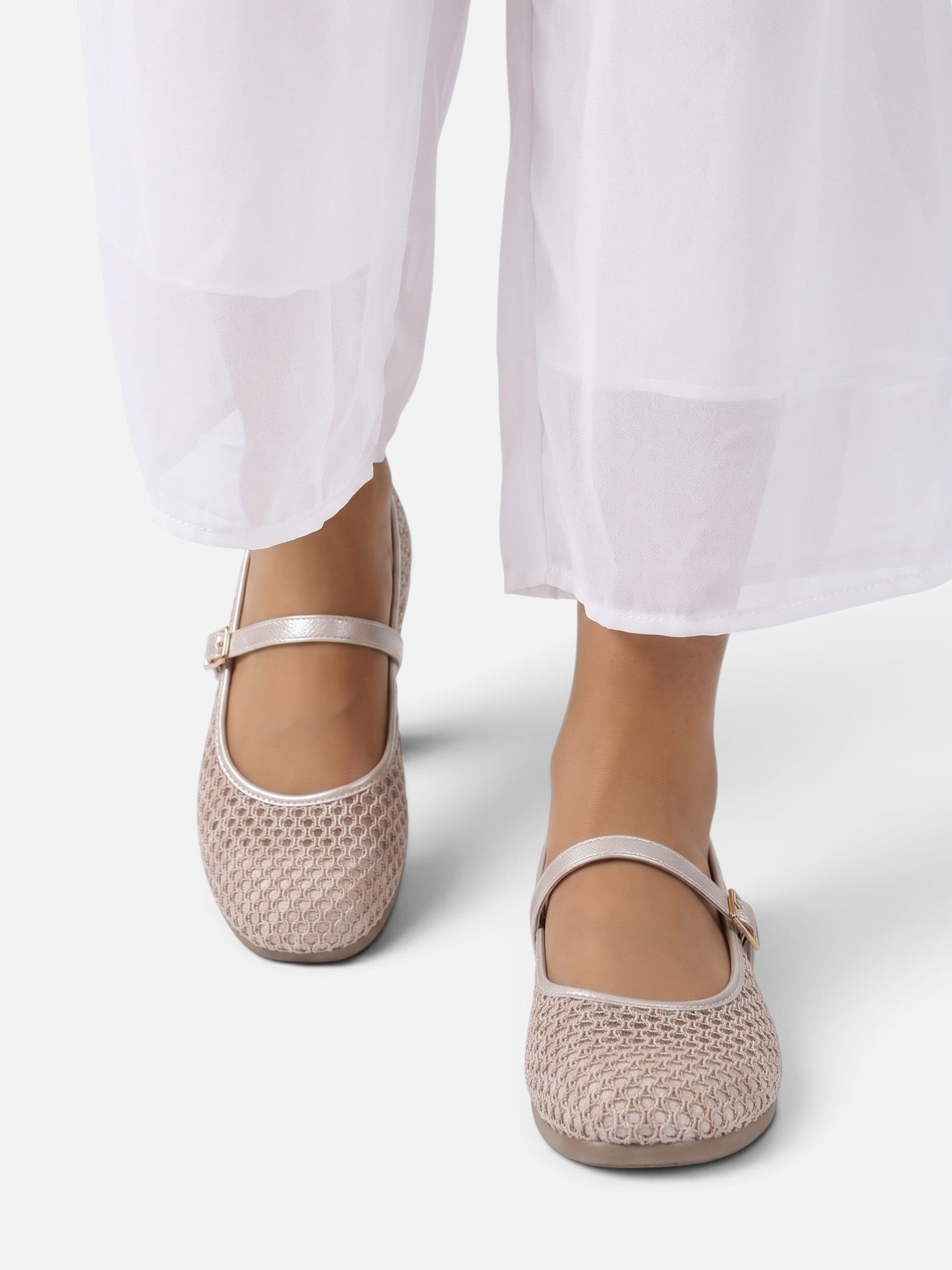 Women's Crochet Buckle Strap Mary Jane Ballet Flats