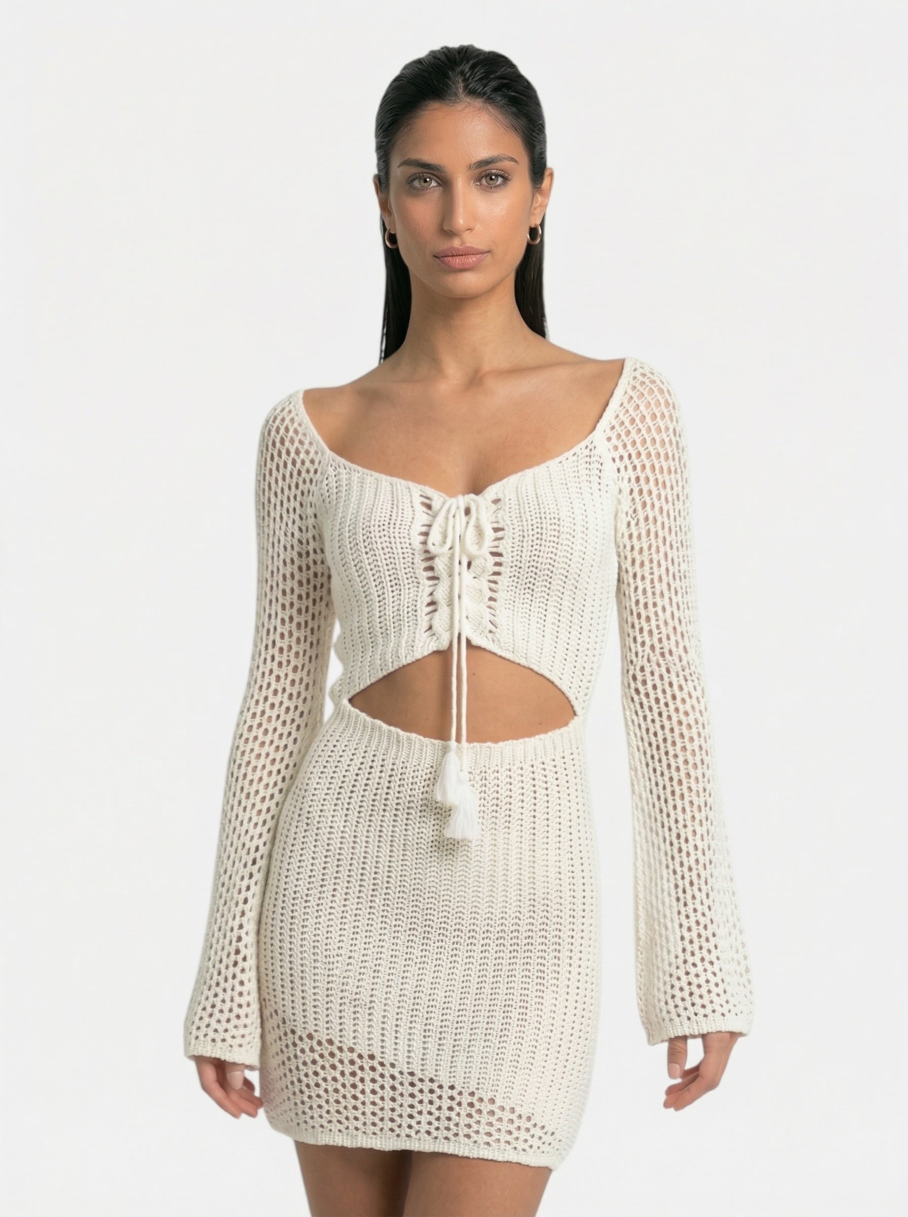 Robe de plage en crochet ajouré à manches longues pour femme