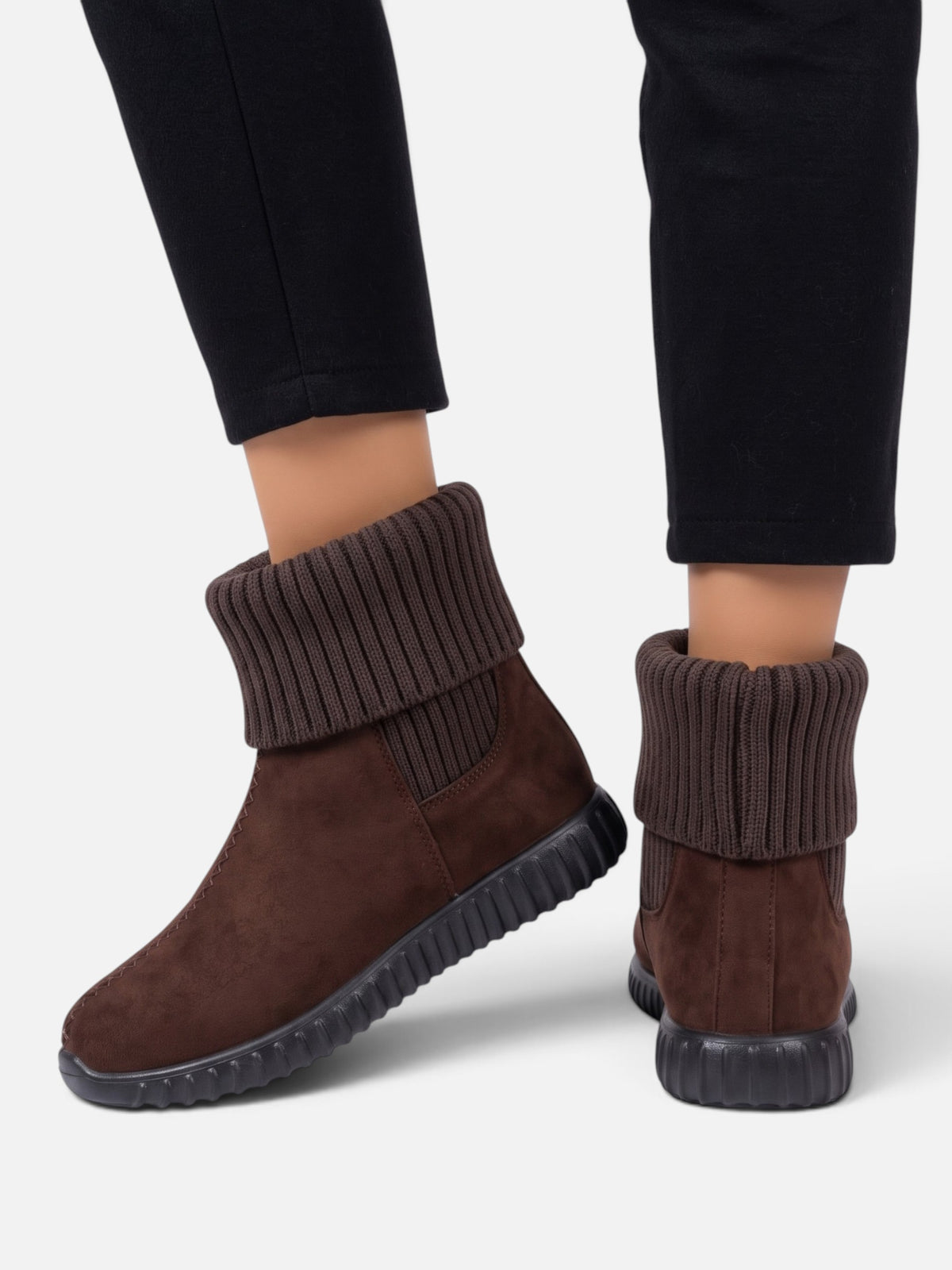 Bottines Chaussettes Femme en Suédine à Revers Tricot