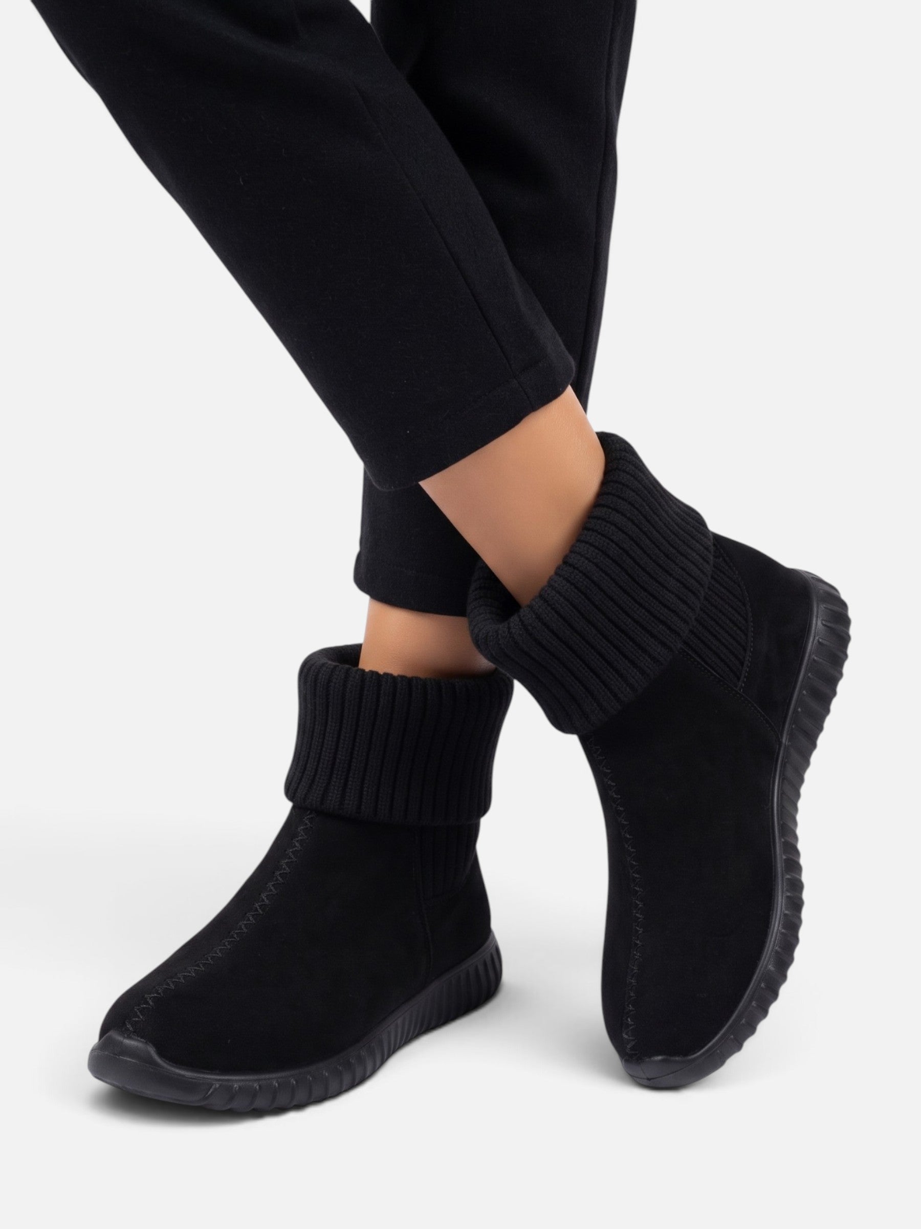 Bottines Chaussettes Femme en Suédine à Revers Tricot