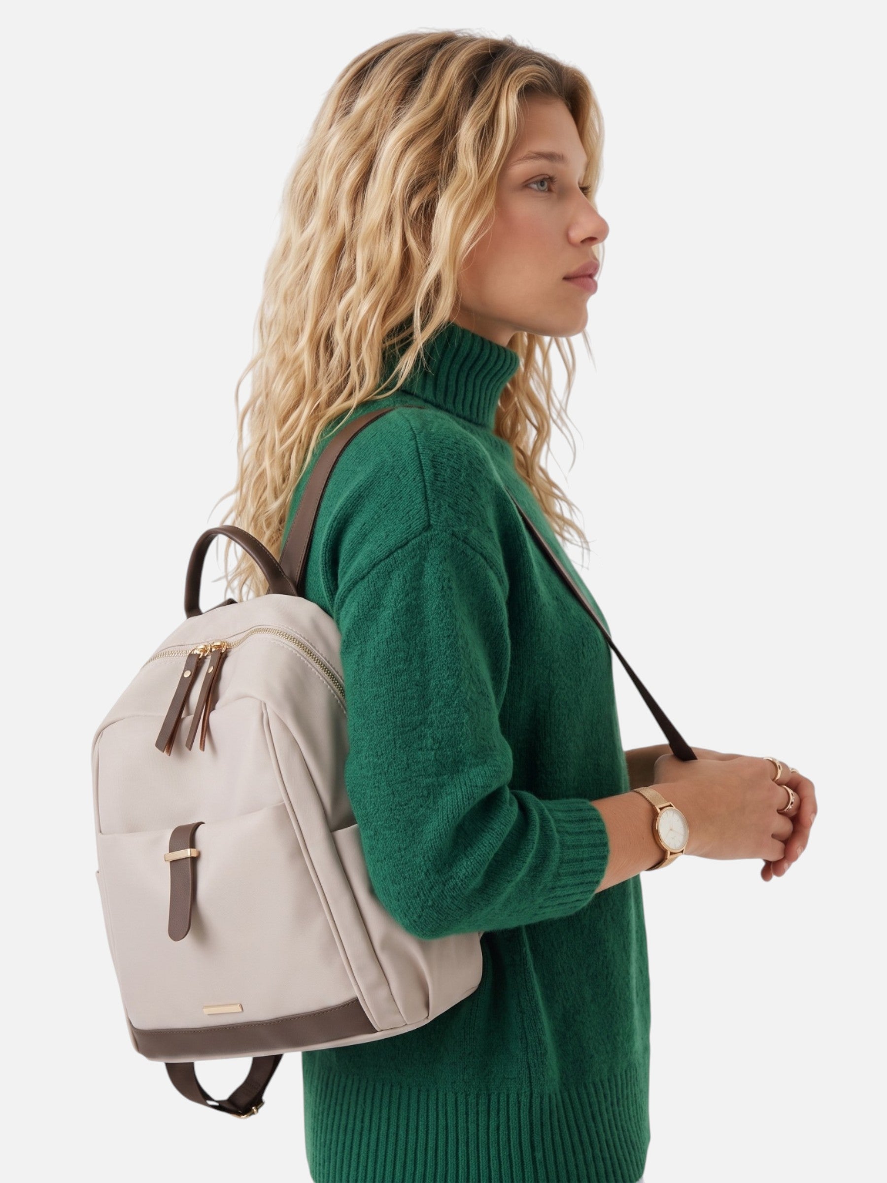 Sac à Dos Femme Zippé en Nylon et Cuir