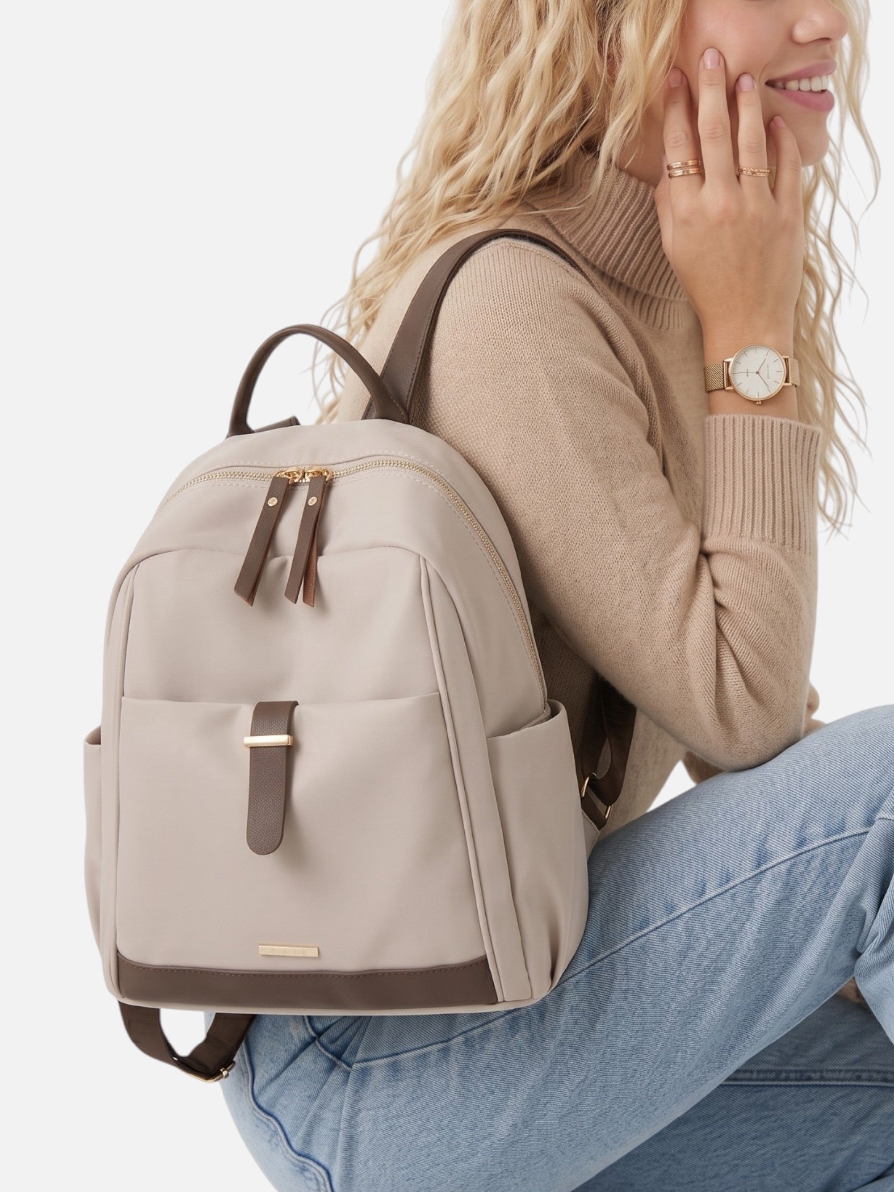 Sac à Dos Femme Zippé en Nylon et Cuir