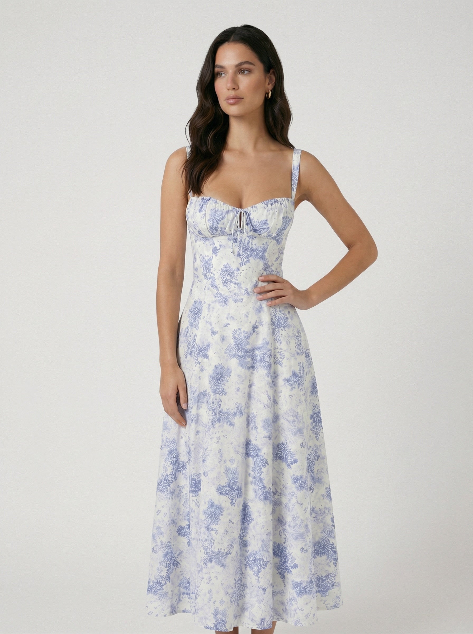Flared midi dress with straps and ties for women