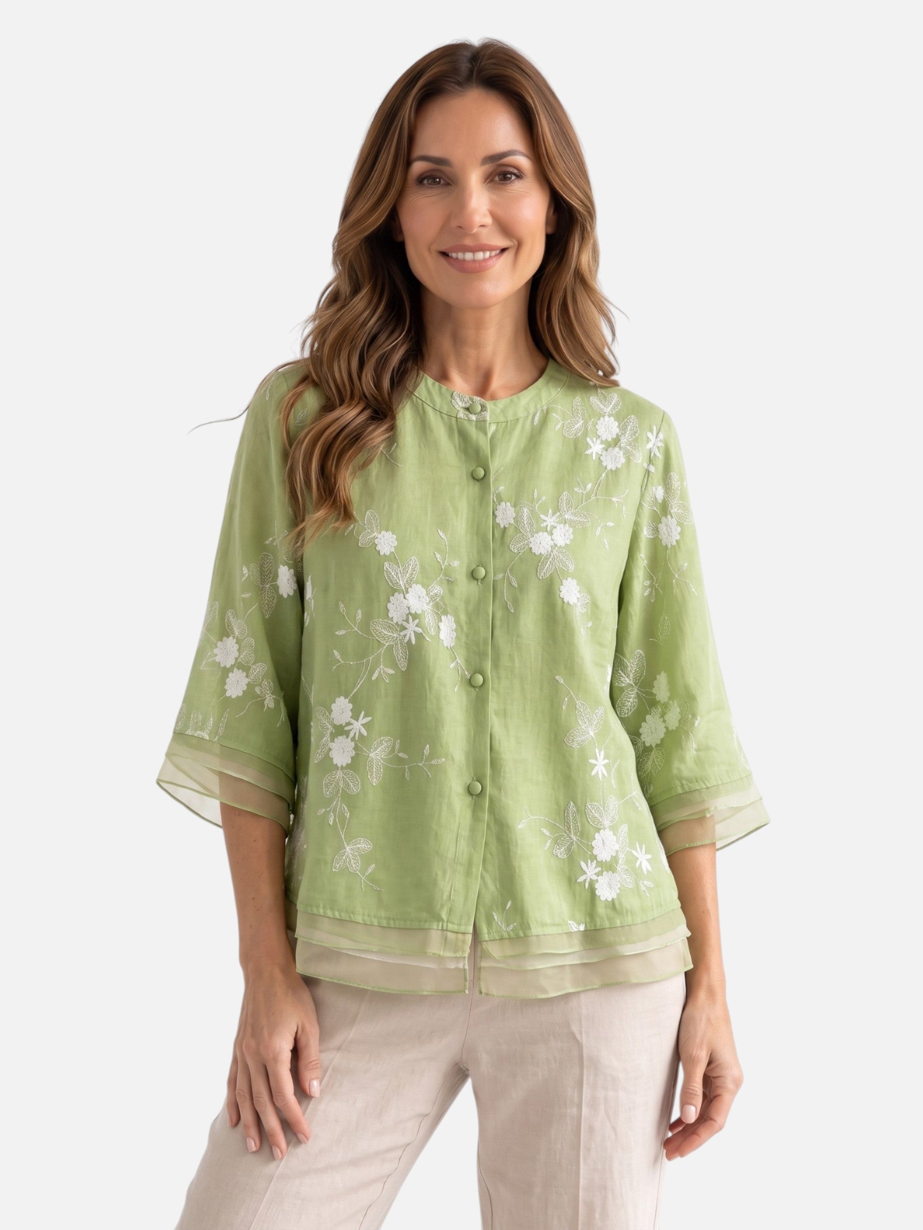Blouse Femme Brodée à Manches 3/4 Boutonnée