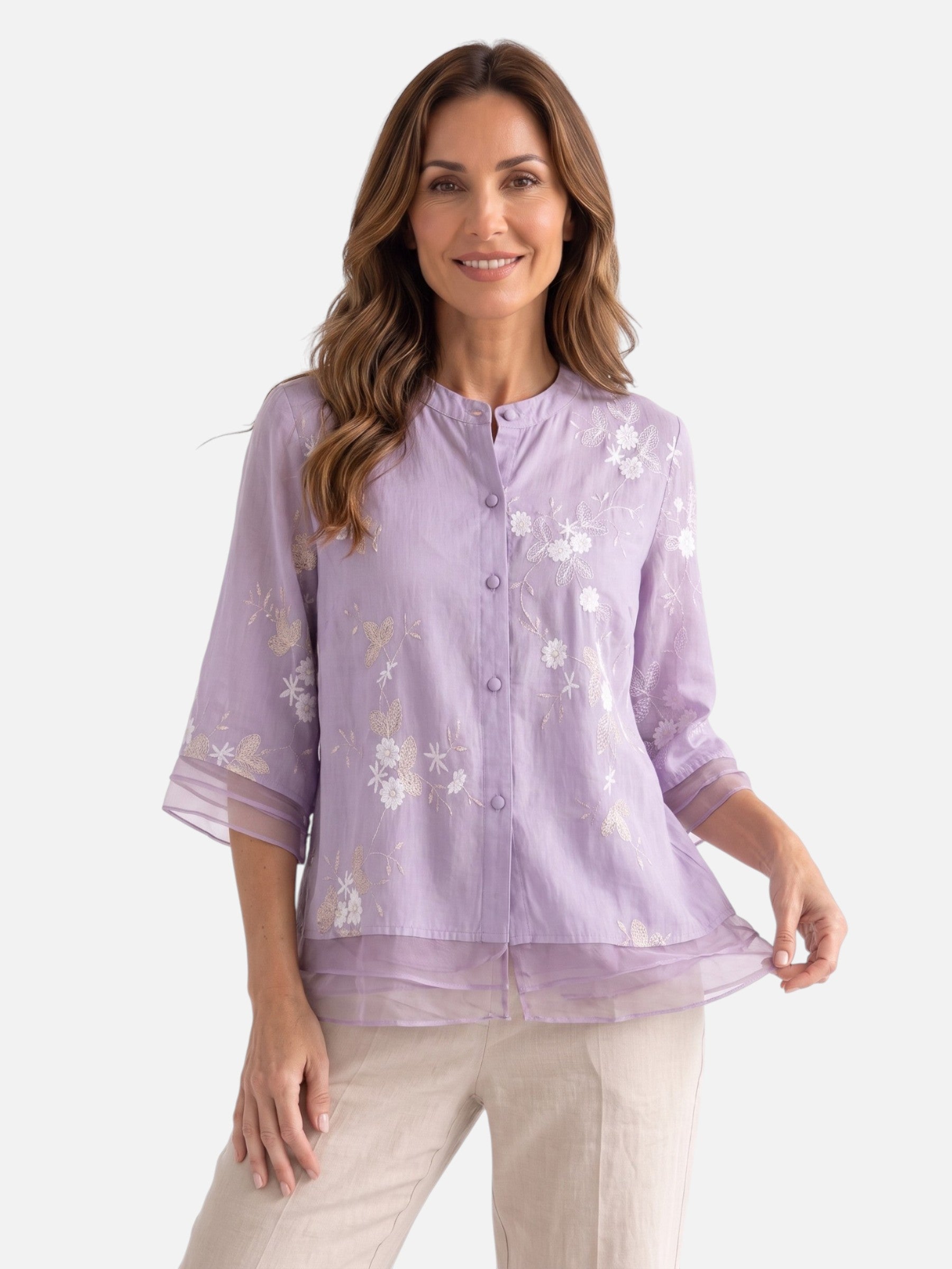 Blouse Femme Brodée à Manches 3/4 Boutonnée