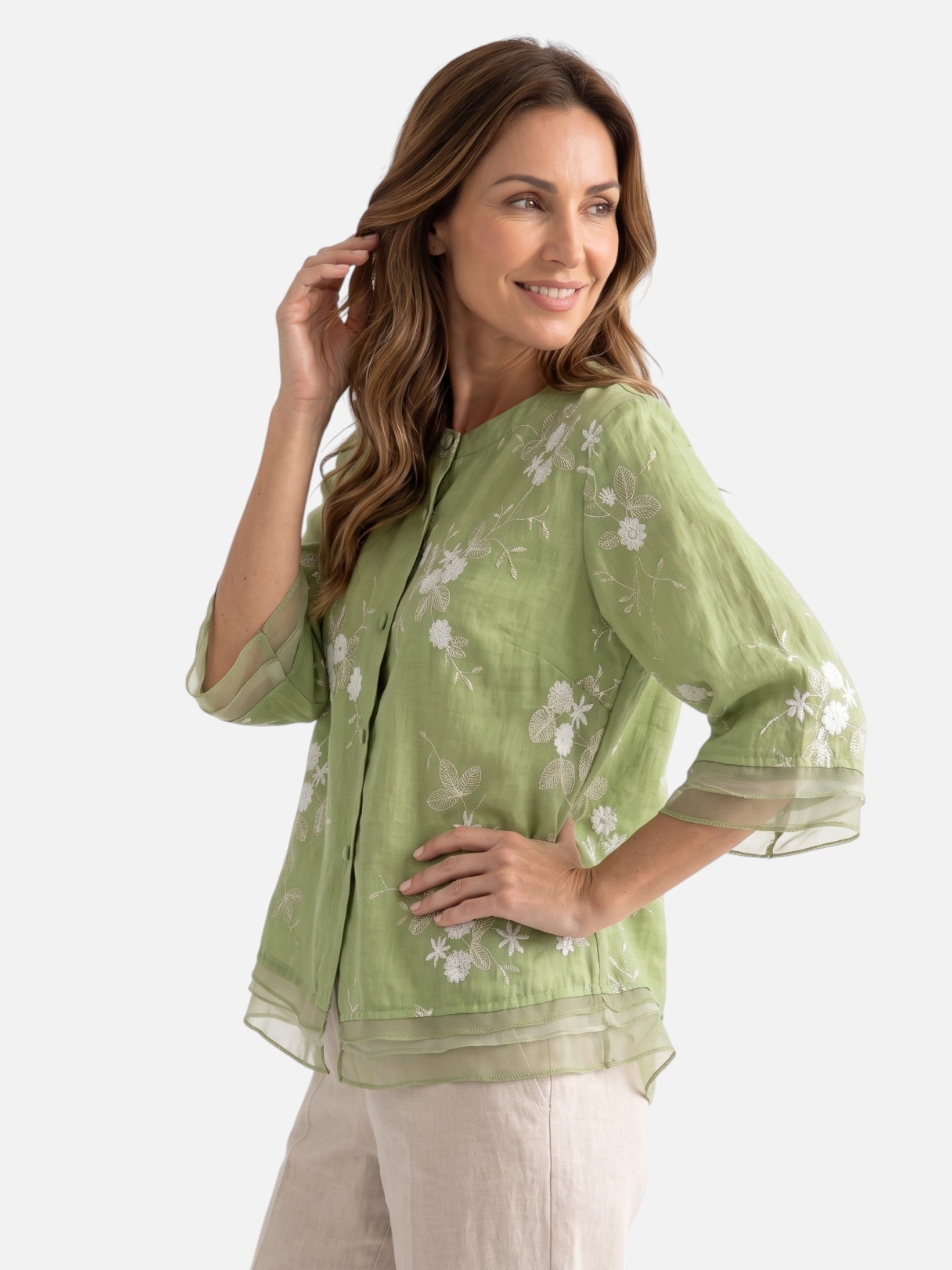 Blouse Femme Brodée à Manches 3/4 Boutonnée