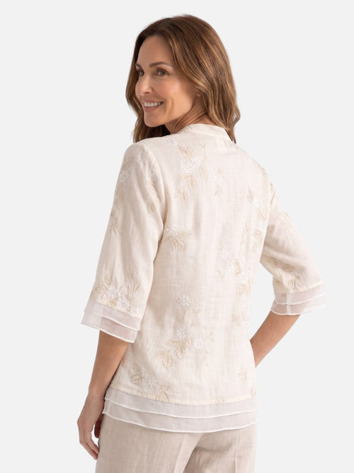 Women's Embroidered 3/4 Sleeve Button Front Blouse