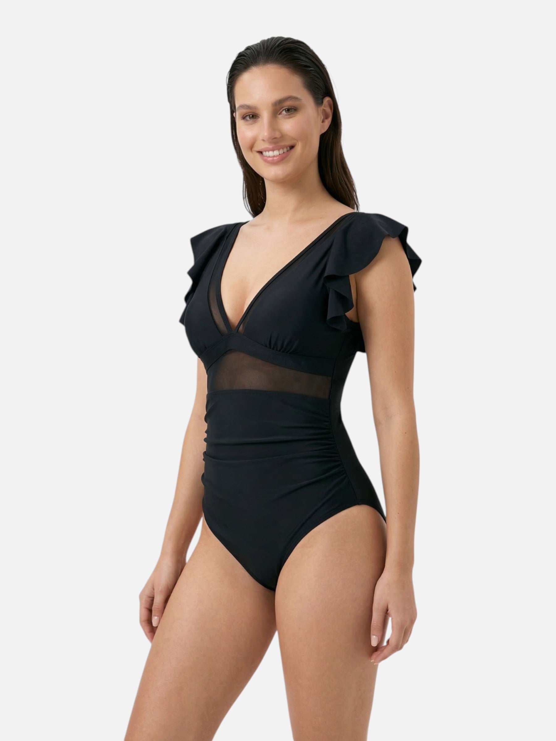 Maillot de bain femme gainant col V à volants avec maille transparente