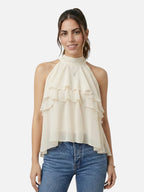 Top sin mangas con volantes y cuello alto para mujer