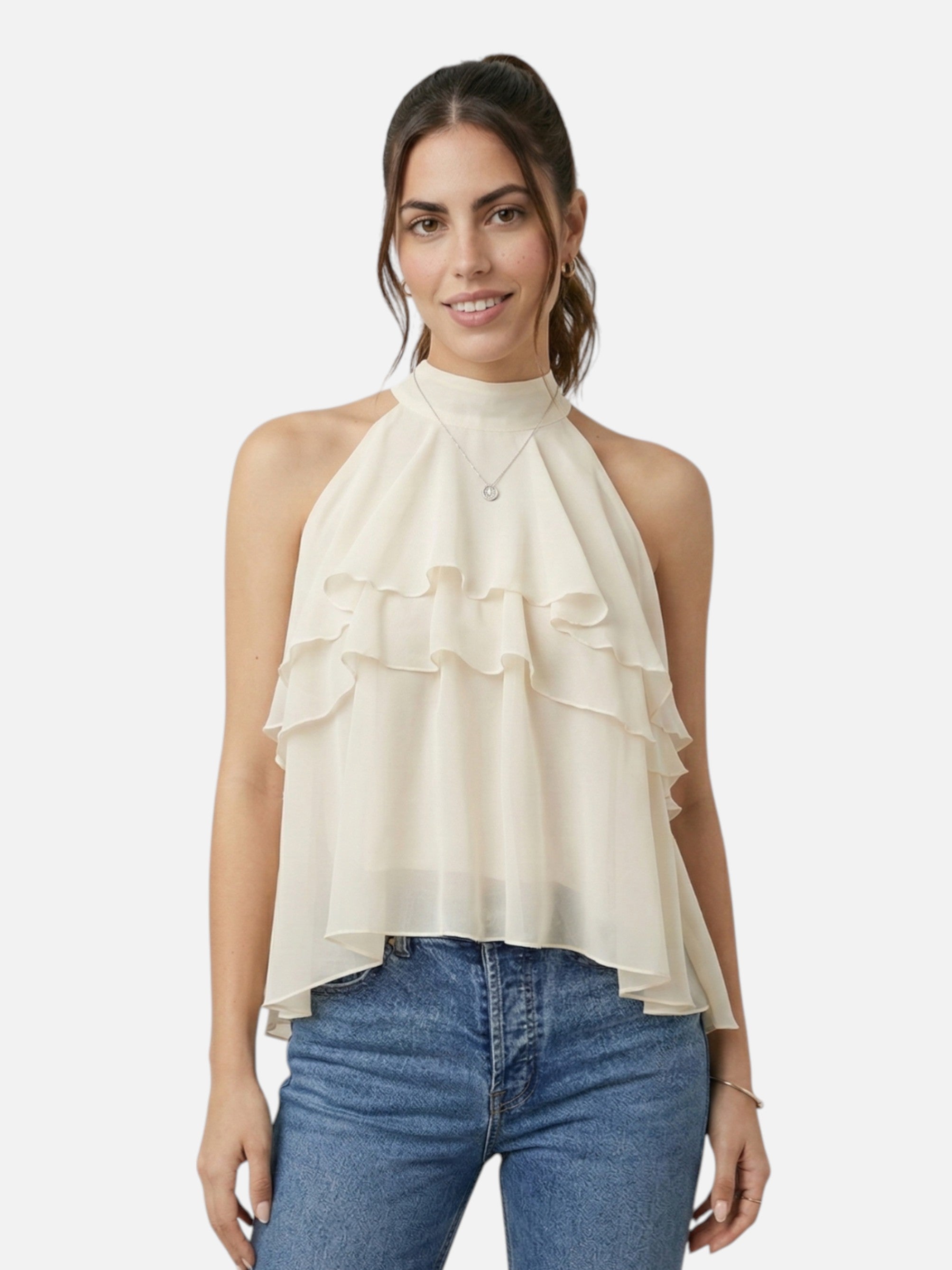 Top sans manches à volants col montant pour femme