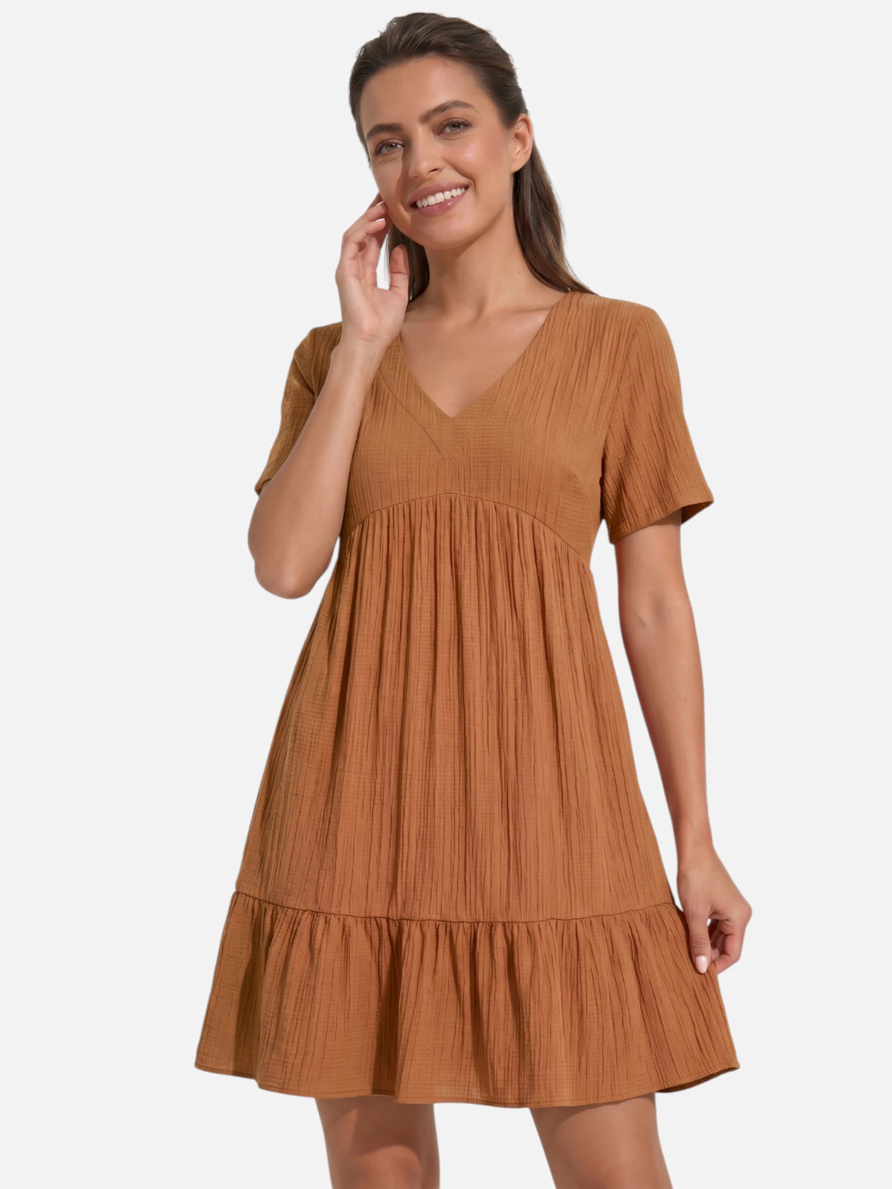 Vestido corto con cuello en V – estilo bohemio y corte amplio
