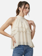 Top sin mangas con volantes y cuello alto para mujer