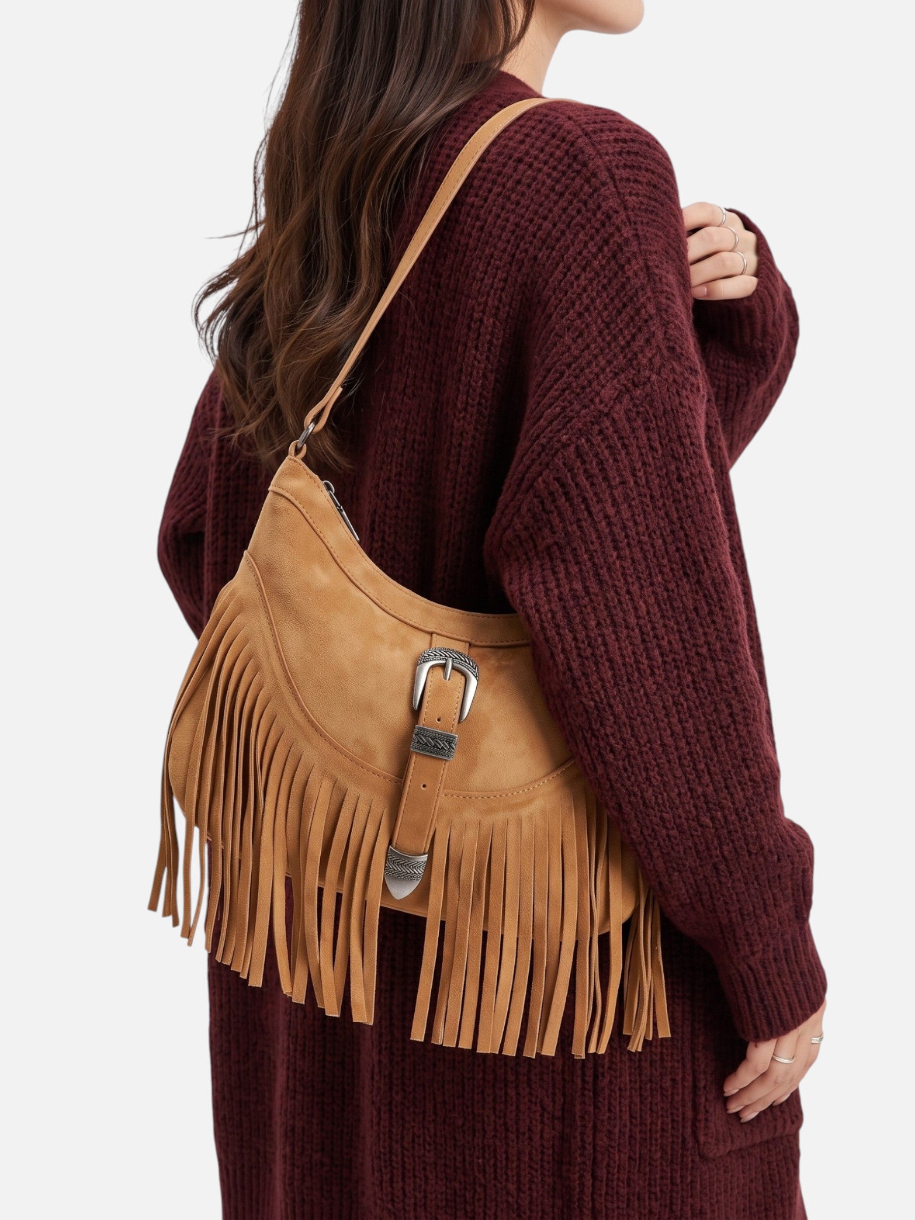 Sac Épaule Femme en Suédine à Franges et Boucle