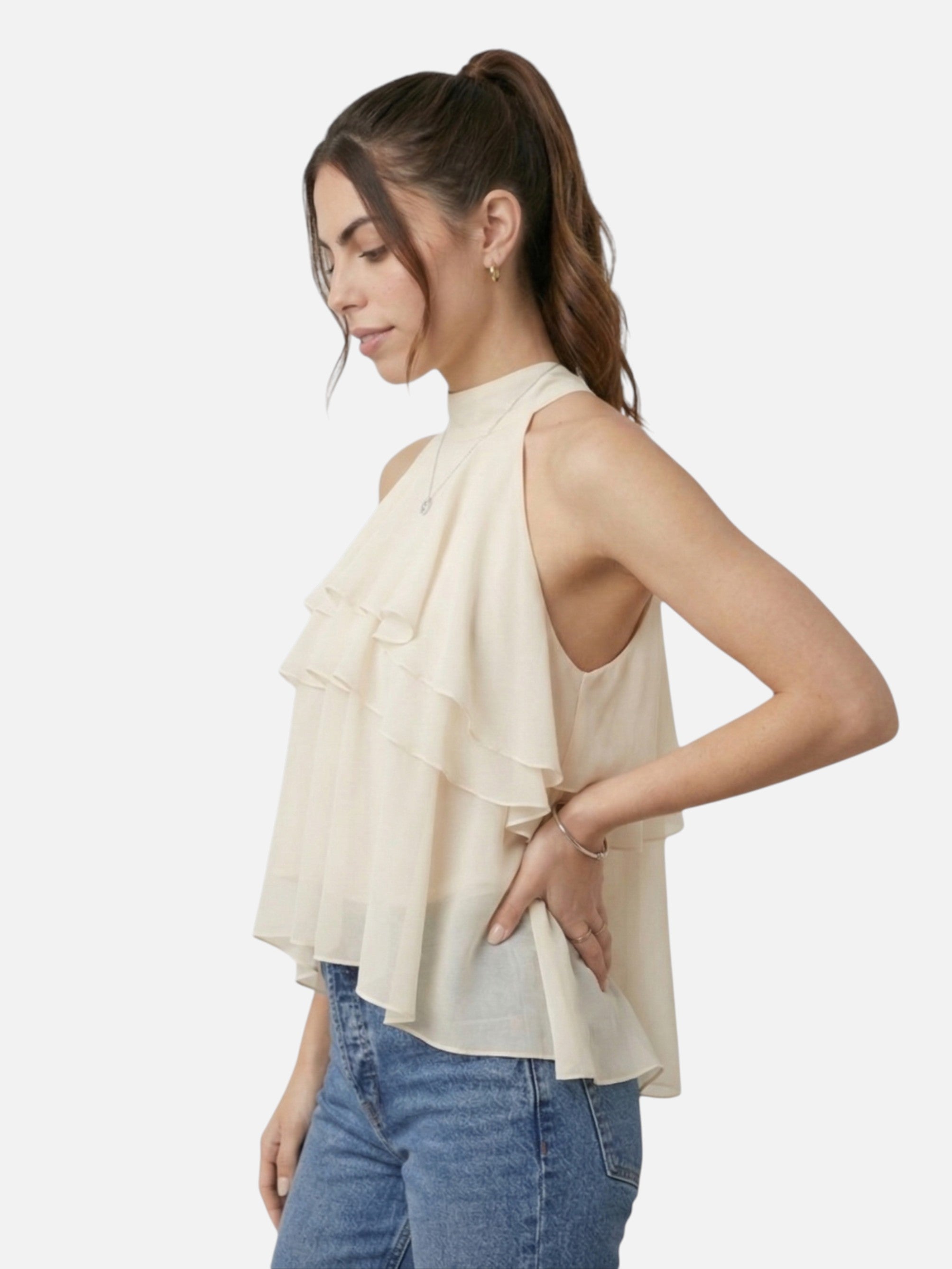 Top sans manches à volants col montant pour femme