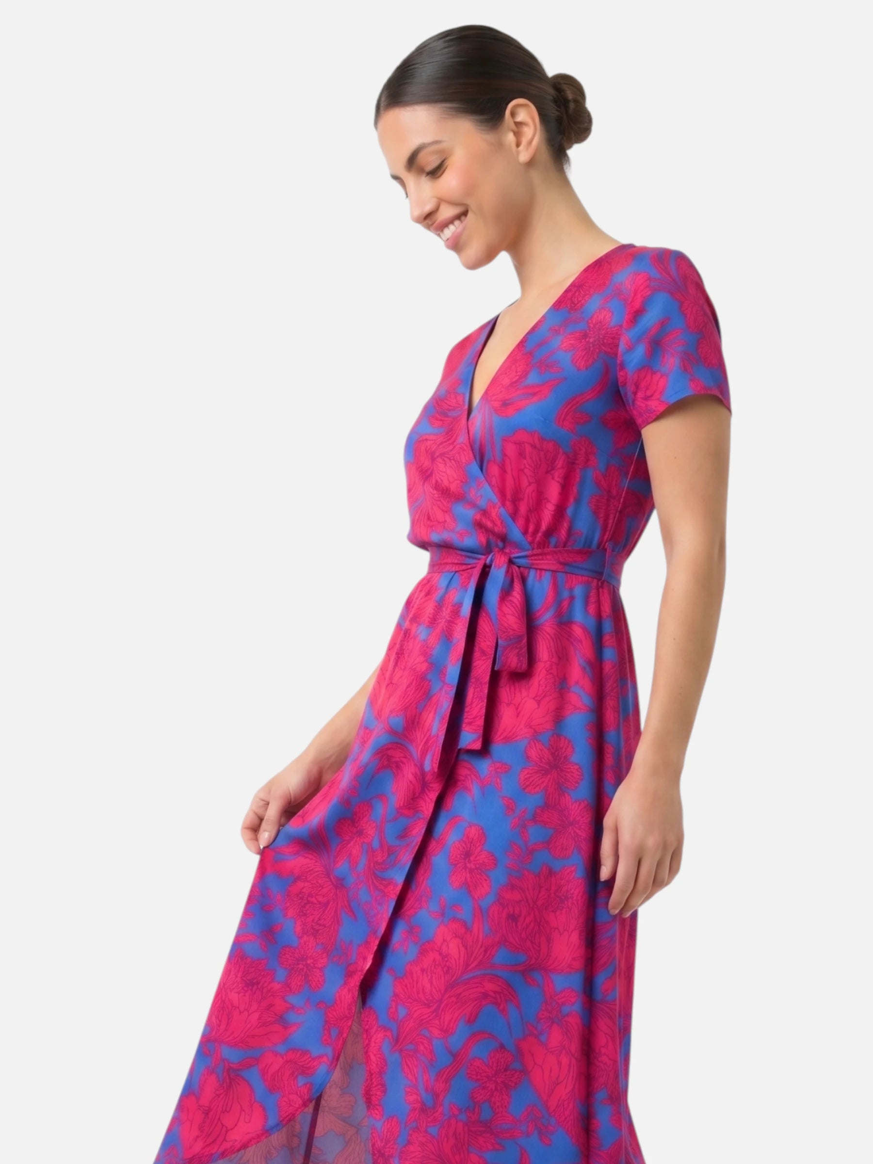 Robe longue portefeuille fleurie manches courtes et ceinture nouée