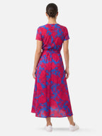 Robe longue portefeuille fleurie manches courtes et ceinture nouée