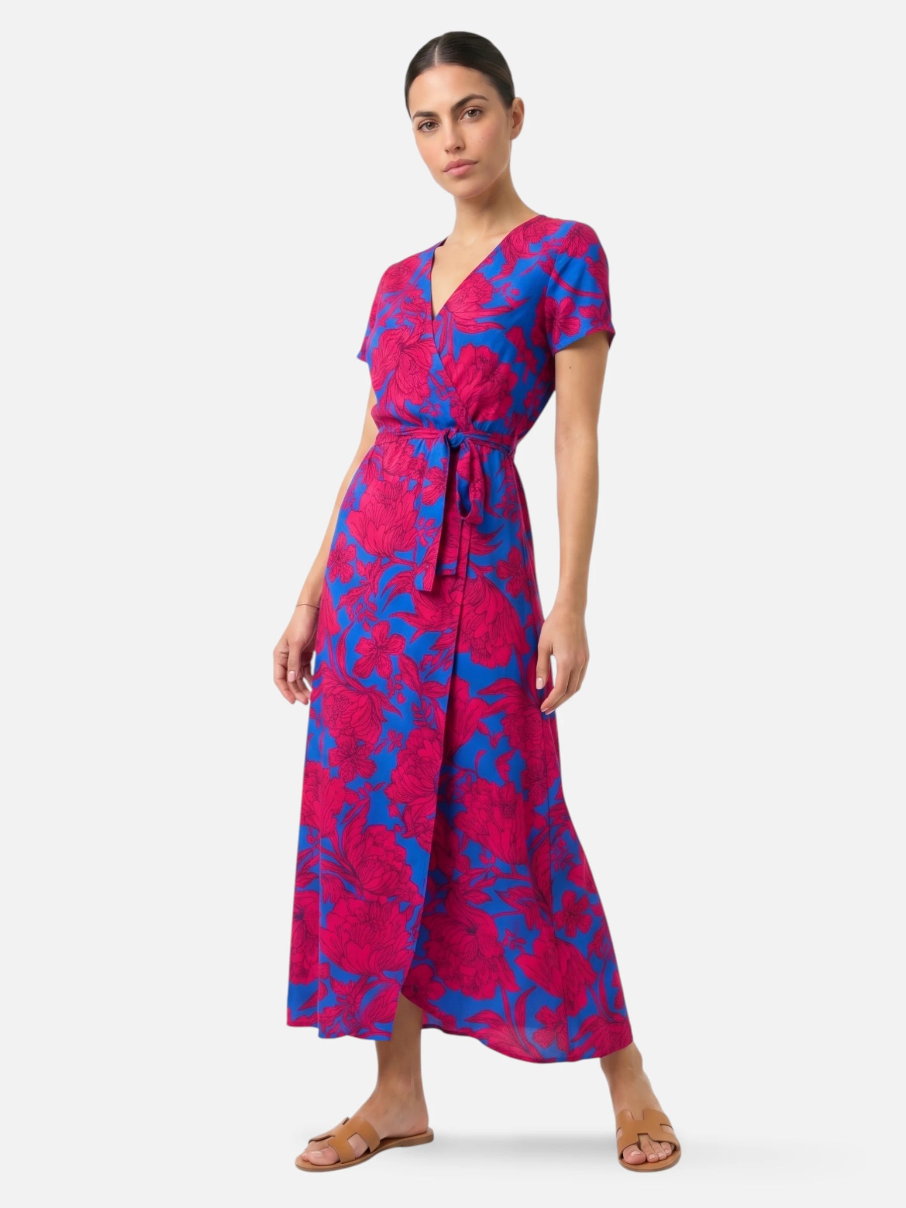 Robe longue portefeuille fleurie manches courtes et ceinture nouée