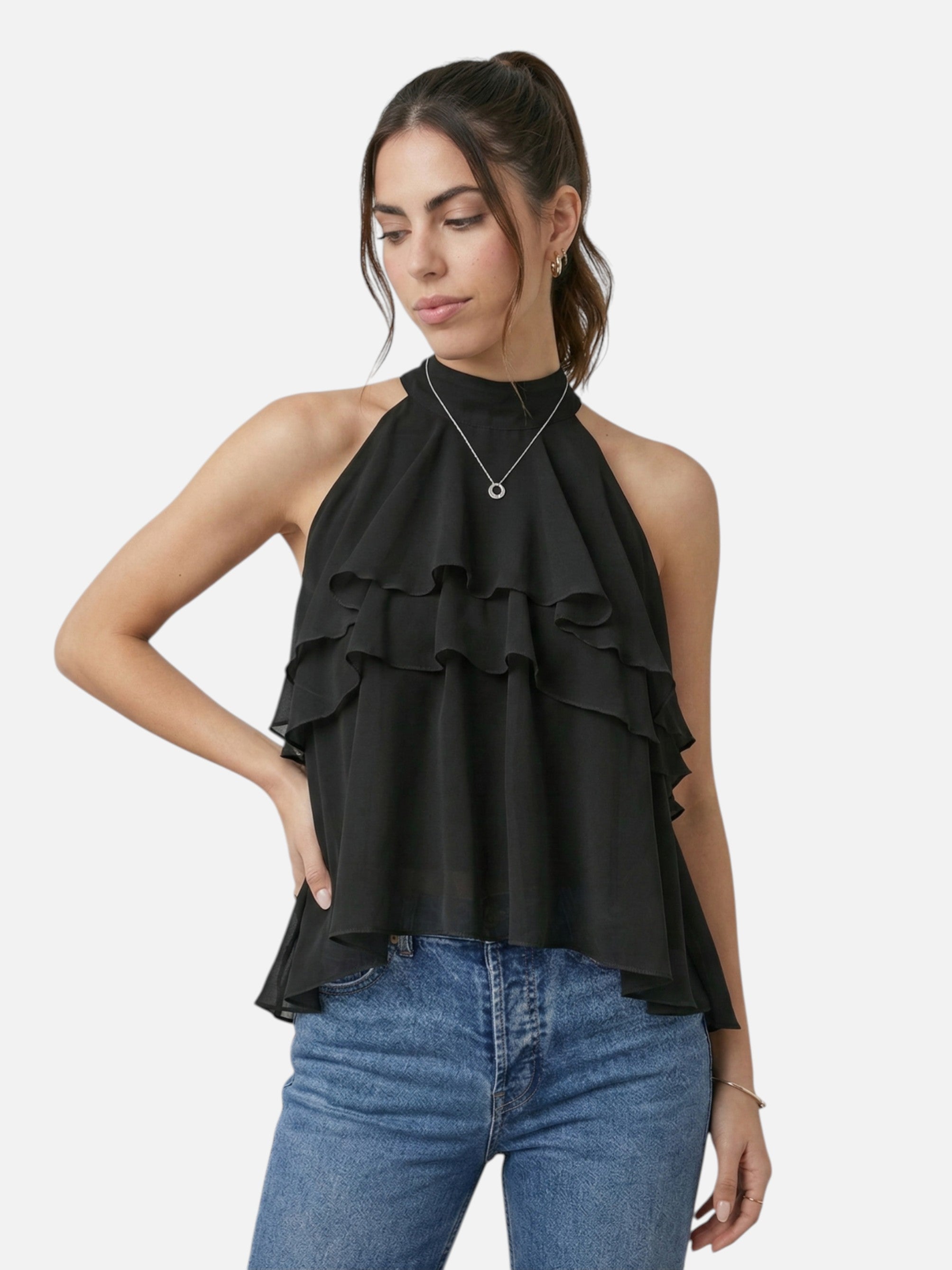 Top sans manches à volants col montant pour femme