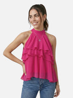 Top sin mangas con volantes y cuello alto para mujer