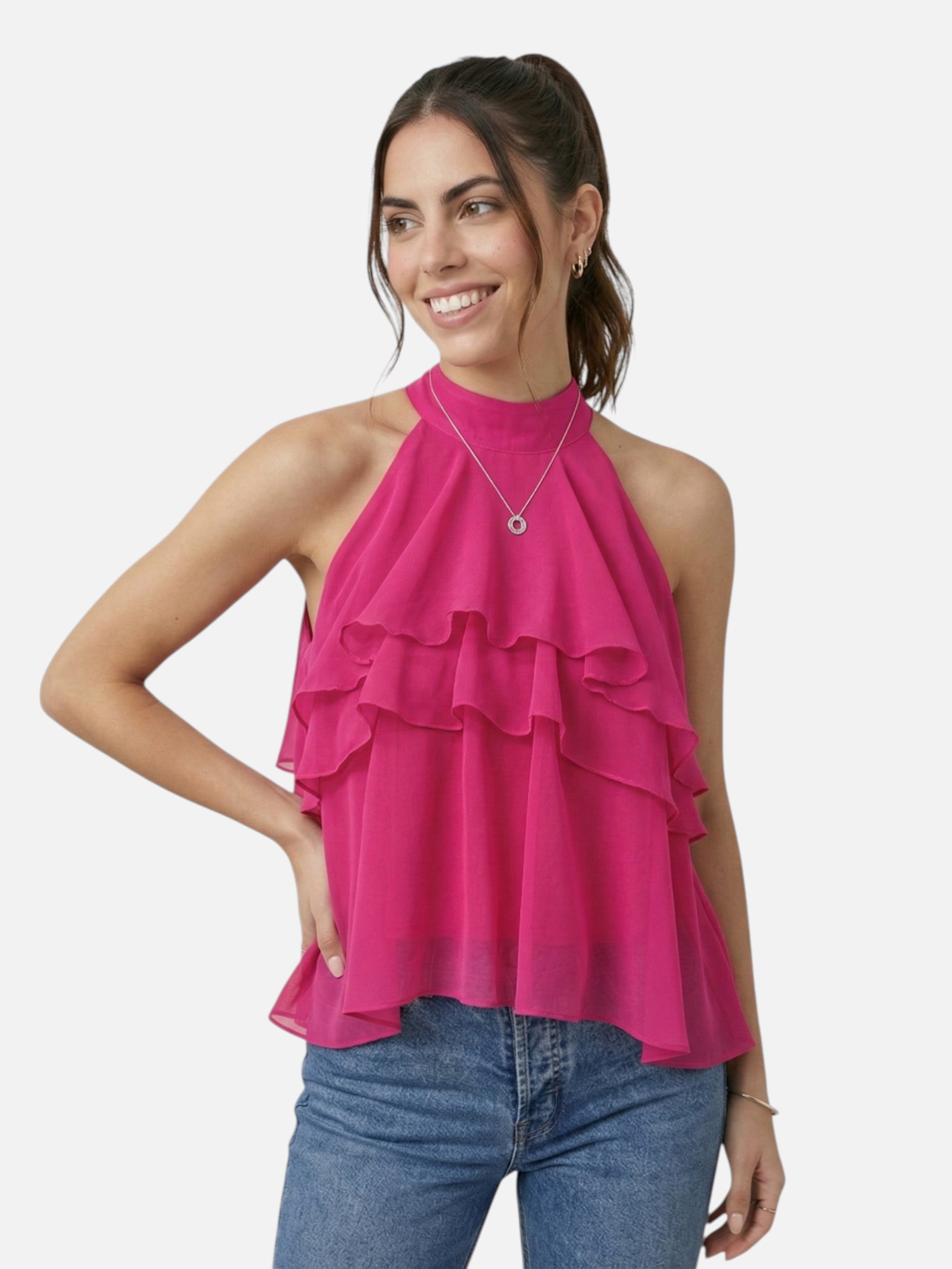 Top sans manches à volants col montant pour femme
