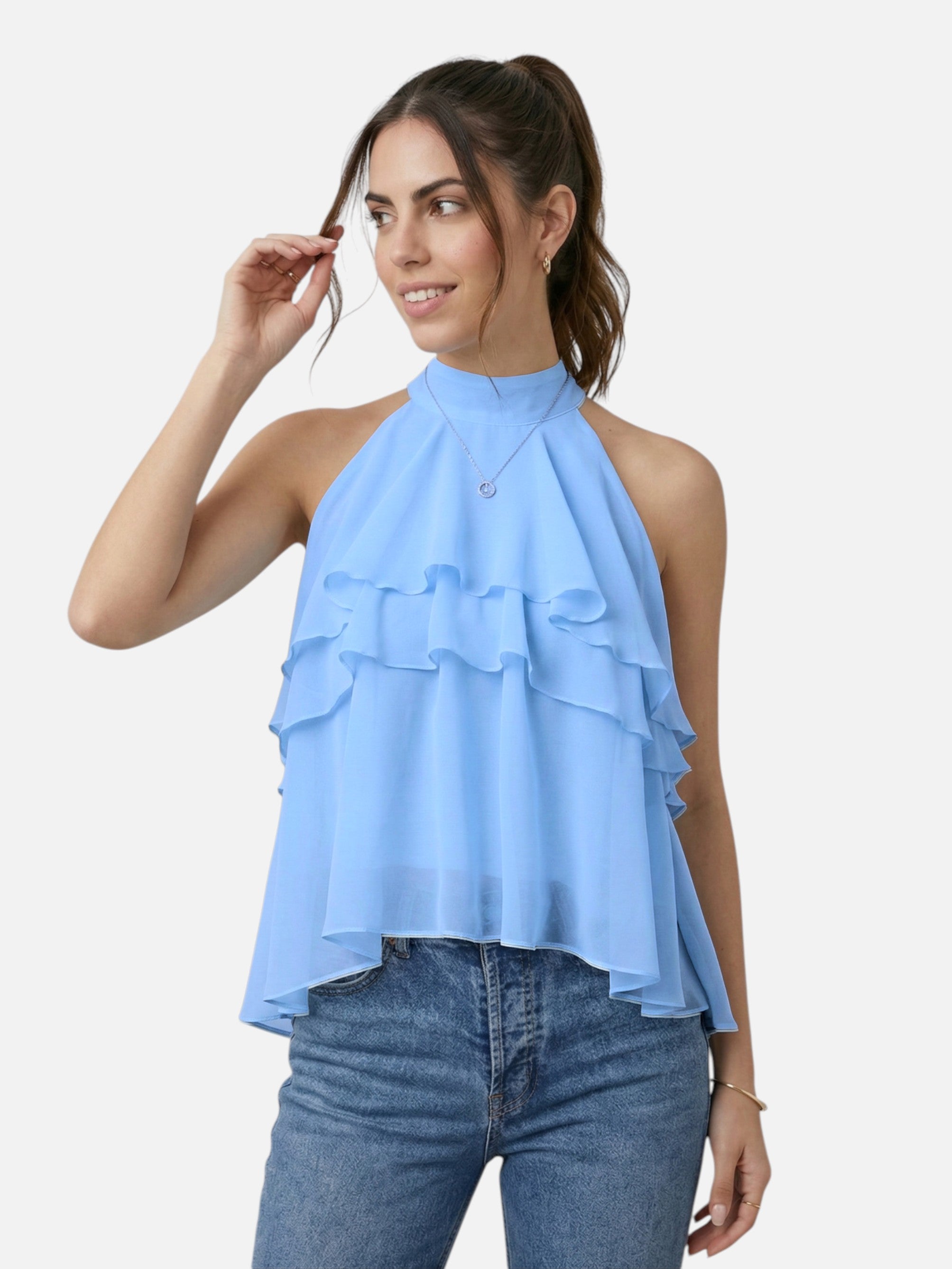 Top sans manches à volants col montant pour femme