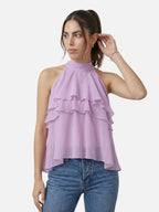 Top sin mangas con volantes y cuello alto para mujer