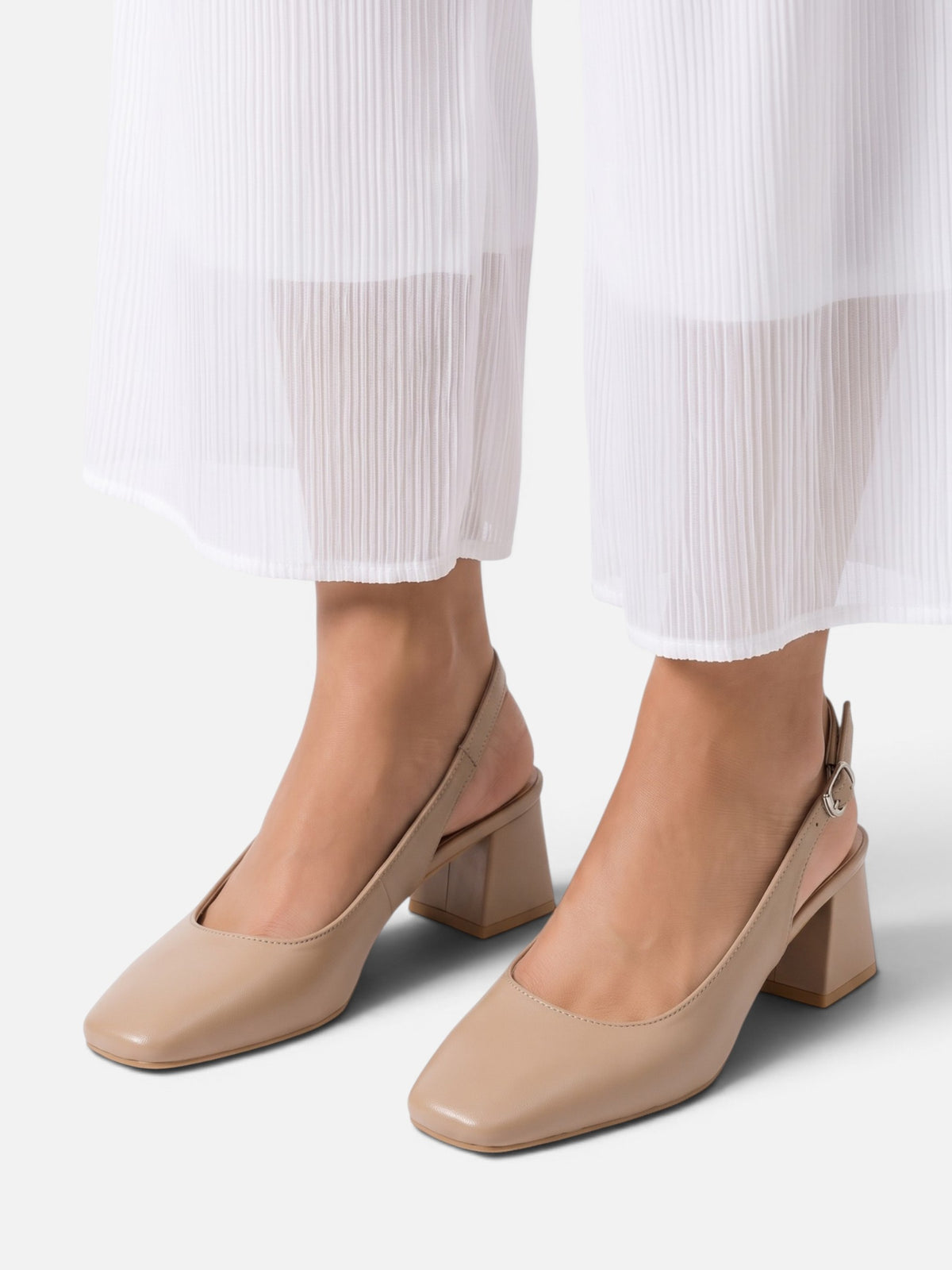 Women's Leather Square Toe Slingback Block Heels