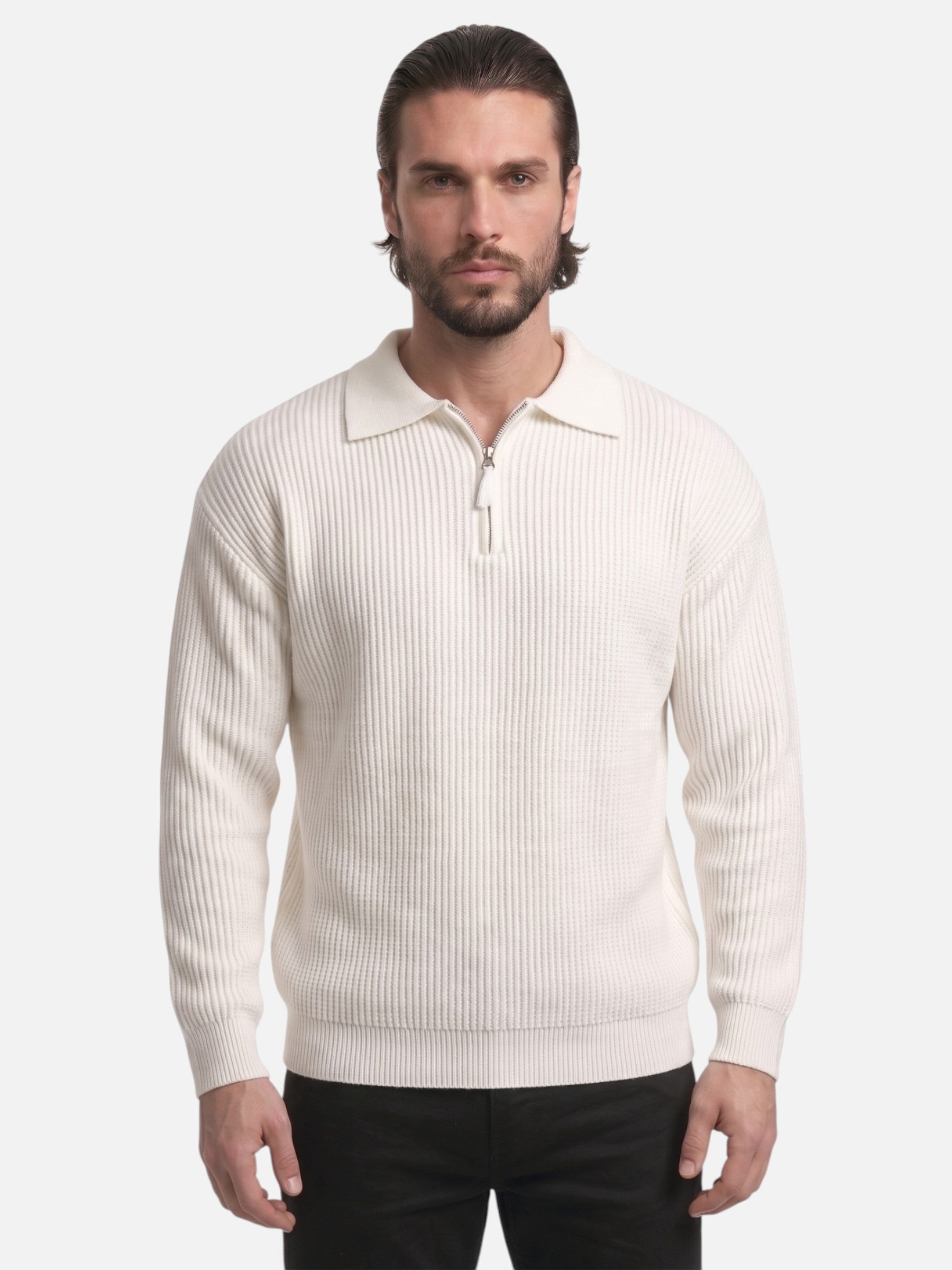 Pull Homme Col Polo Demi-Zip Maille Côtelée